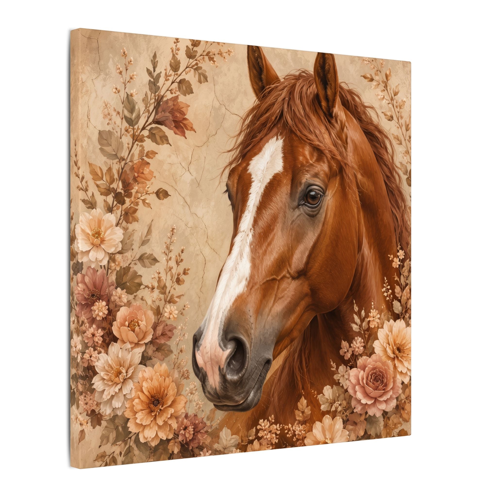 Chestnut Horse Portrait Canvas Wall Art — Floral Rustic Equestrian Decor
