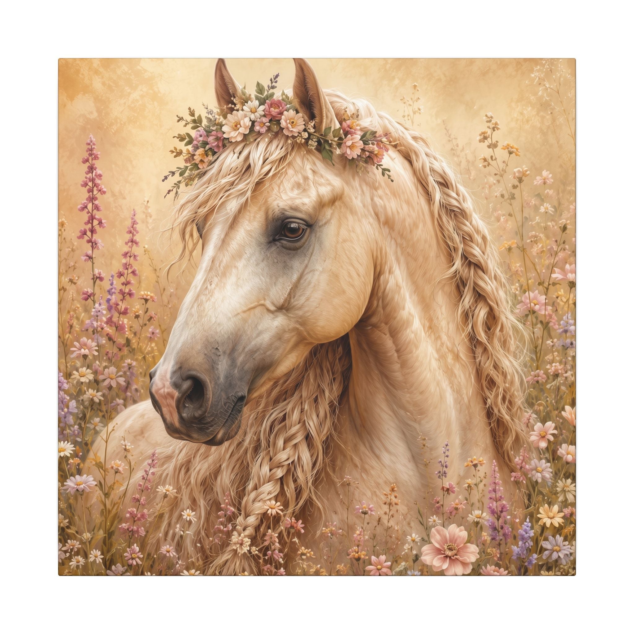 Golden Floral Horse Canvas Print — Matte Stretched Wall Art
