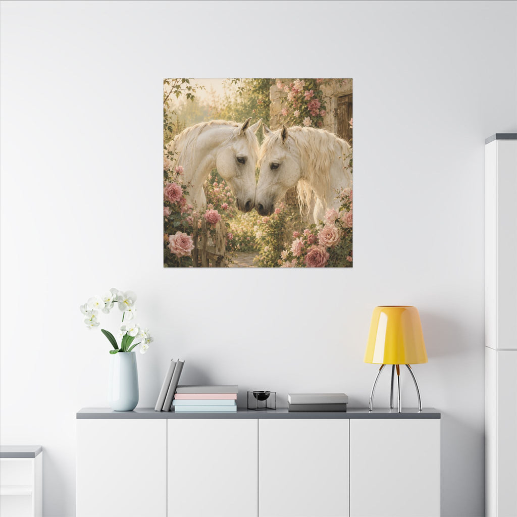 Romantic White Horses Canvas Wall Art — Floral Garden Horse Print