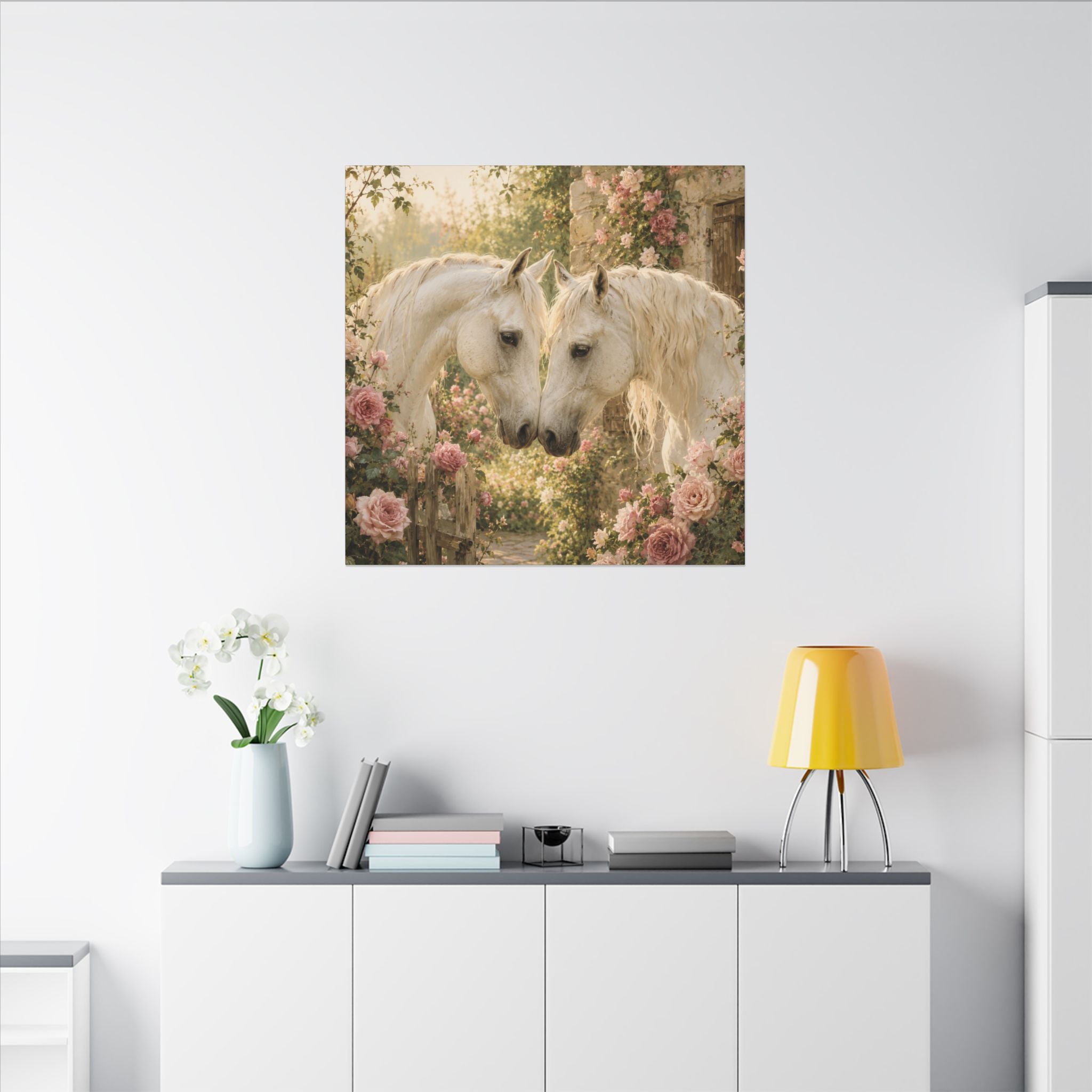 Romantic White Horses Canvas Wall Art — Floral Garden Horse Print
