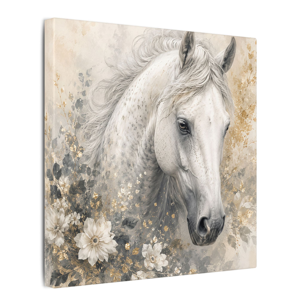 White Horse Floral Canvas Wall Art — Matte Stretched Horse Portrait