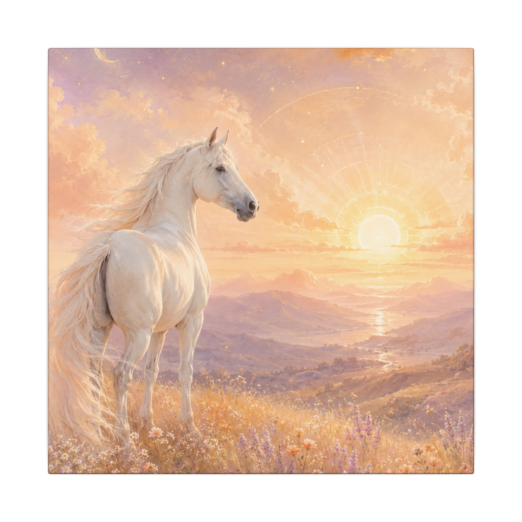 Equine Sunrise Matte Canvas Wall Art — White Horse Fantasy Landscape