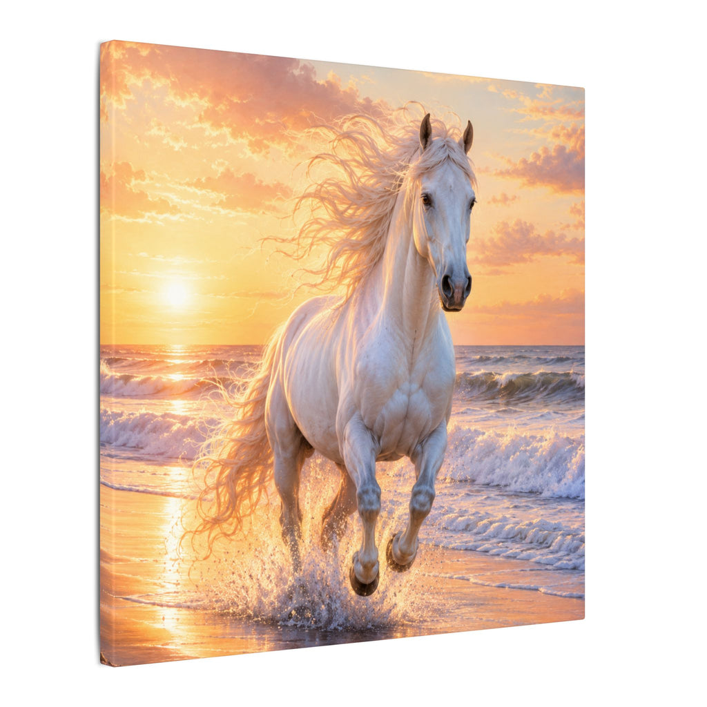 White Horse on Beach Canvas Print — Sunset Seaside Wall Art