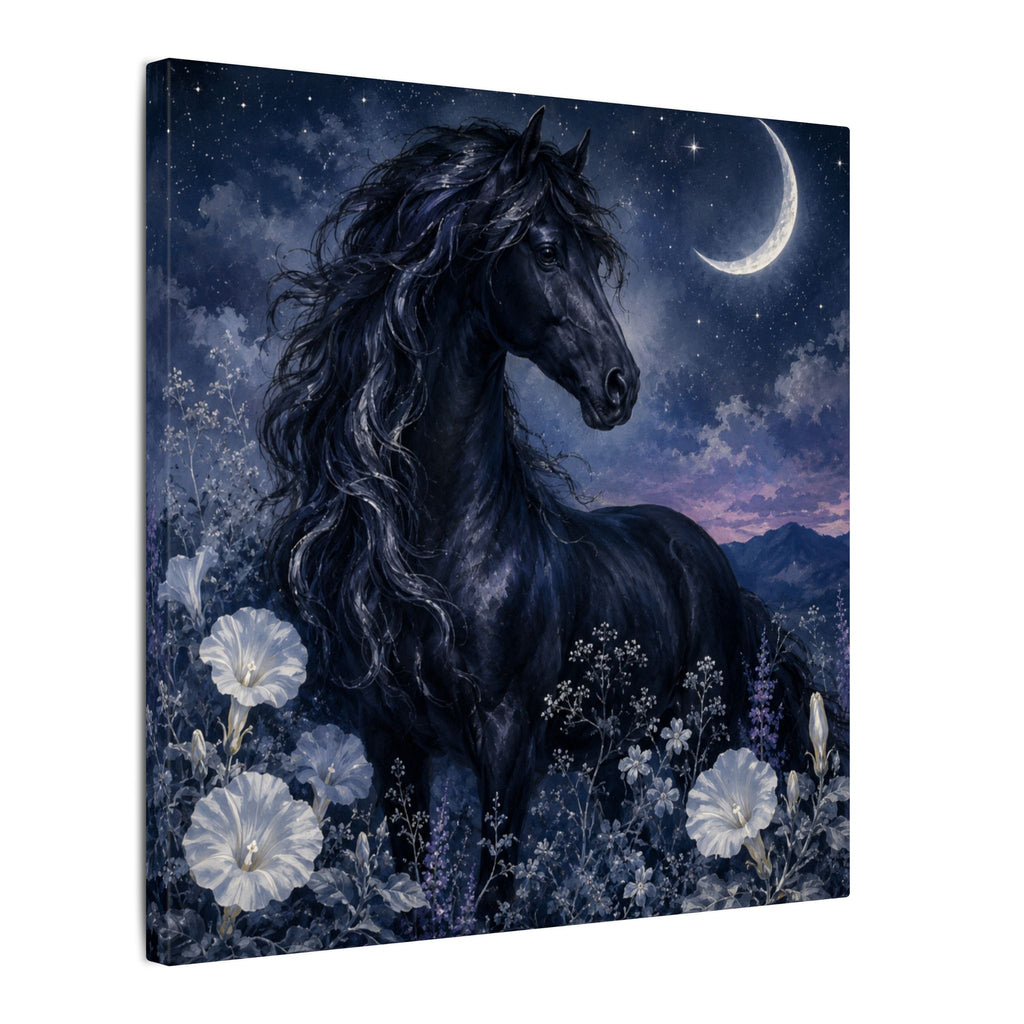Midnight Stallion Canvas — Black Horse Moonlit Wall Art