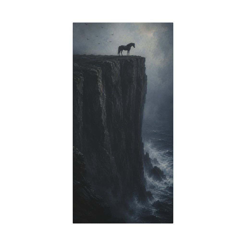Storm Cliff Horse Matte Canvas Wall Art — Dramatic Dark Seascape Print, Stretched 1.25"