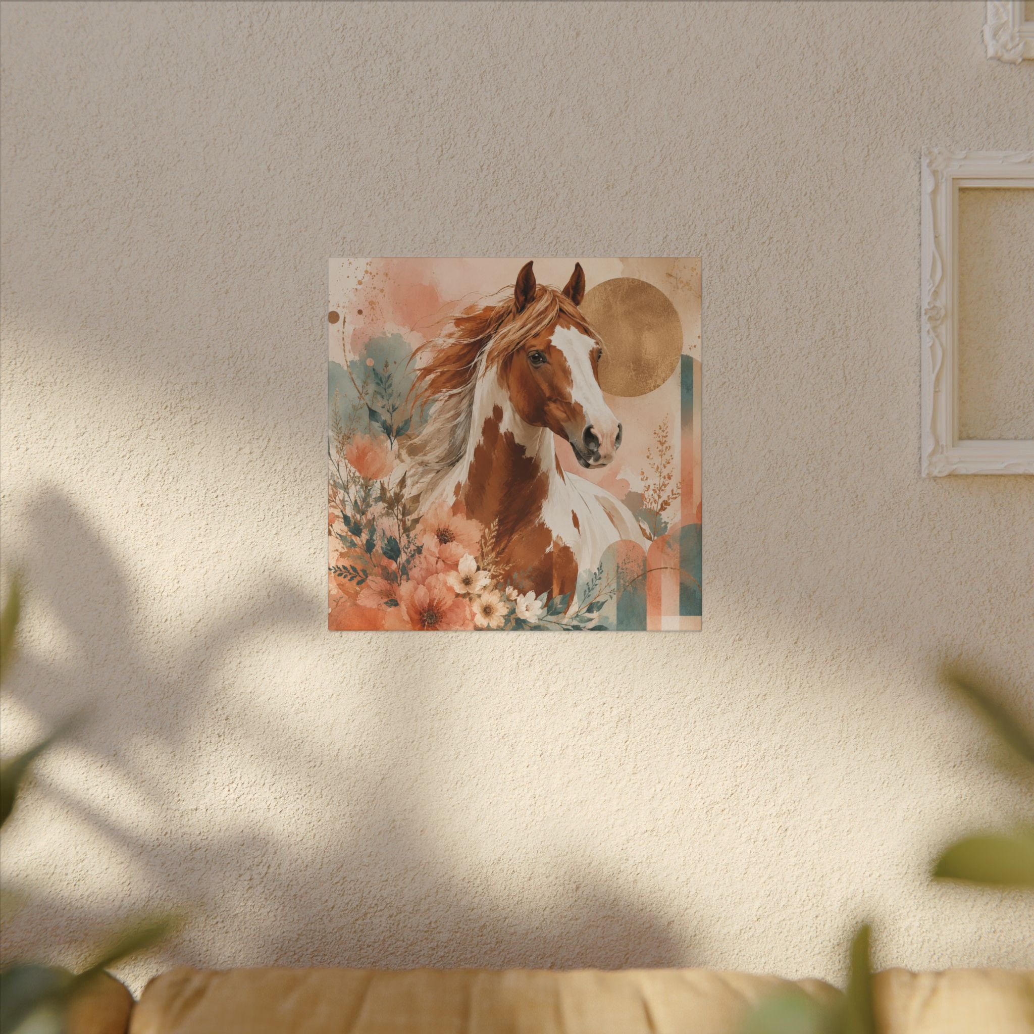 Painted Pinto Horse Canvas Wall Art — Boho Floral Equestrian Decor