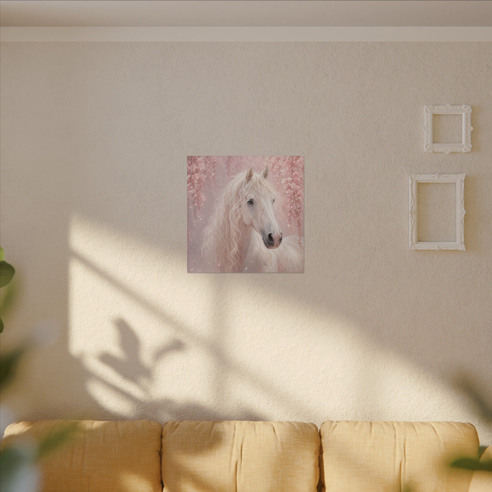 White Horse Canvas Wall Art — Romantic Pink Floral Unicorn-Style Print