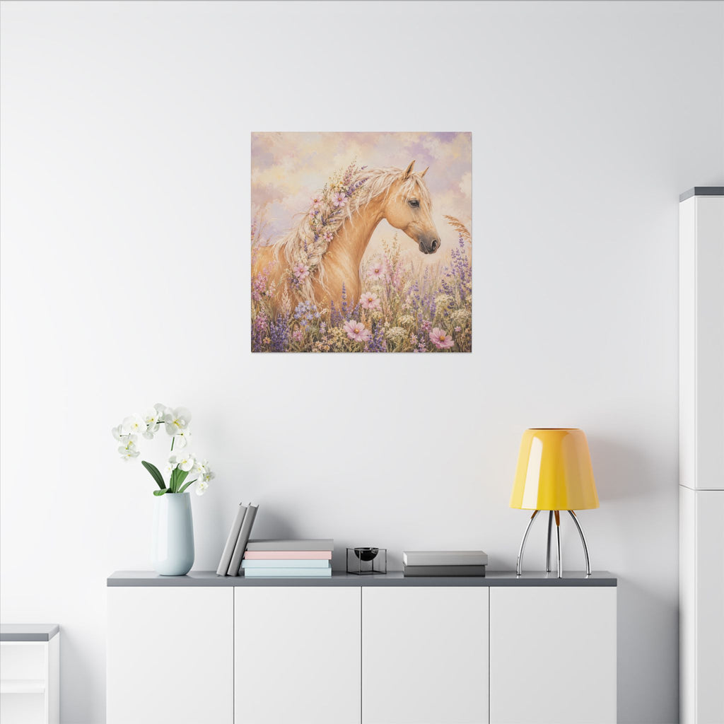 Palomino Horse Canvas Wall Art — Floral Meadow Matte Stretched Canvas