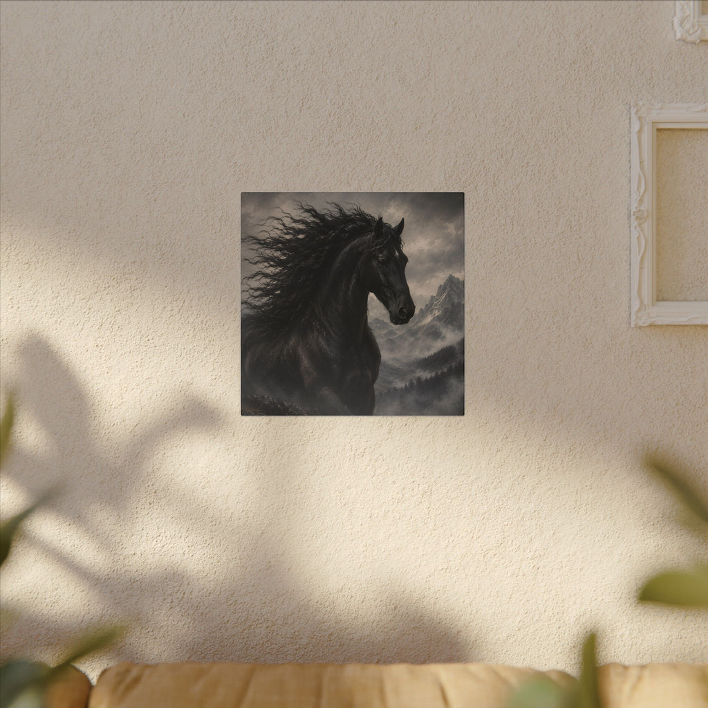 Majestic Black Horse Matte Canvas Wall Art — Dramatic Mountain Stallion Print