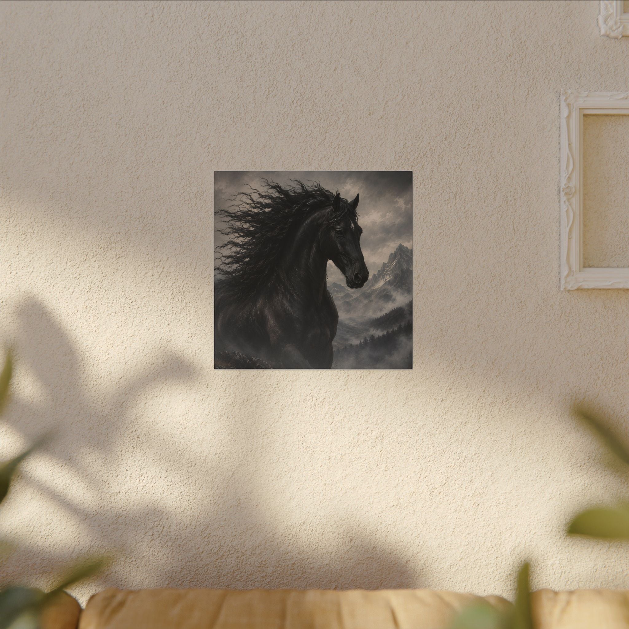 Majestic Black Horse Matte Canvas Wall Art — Dramatic Mountain Stallion Print