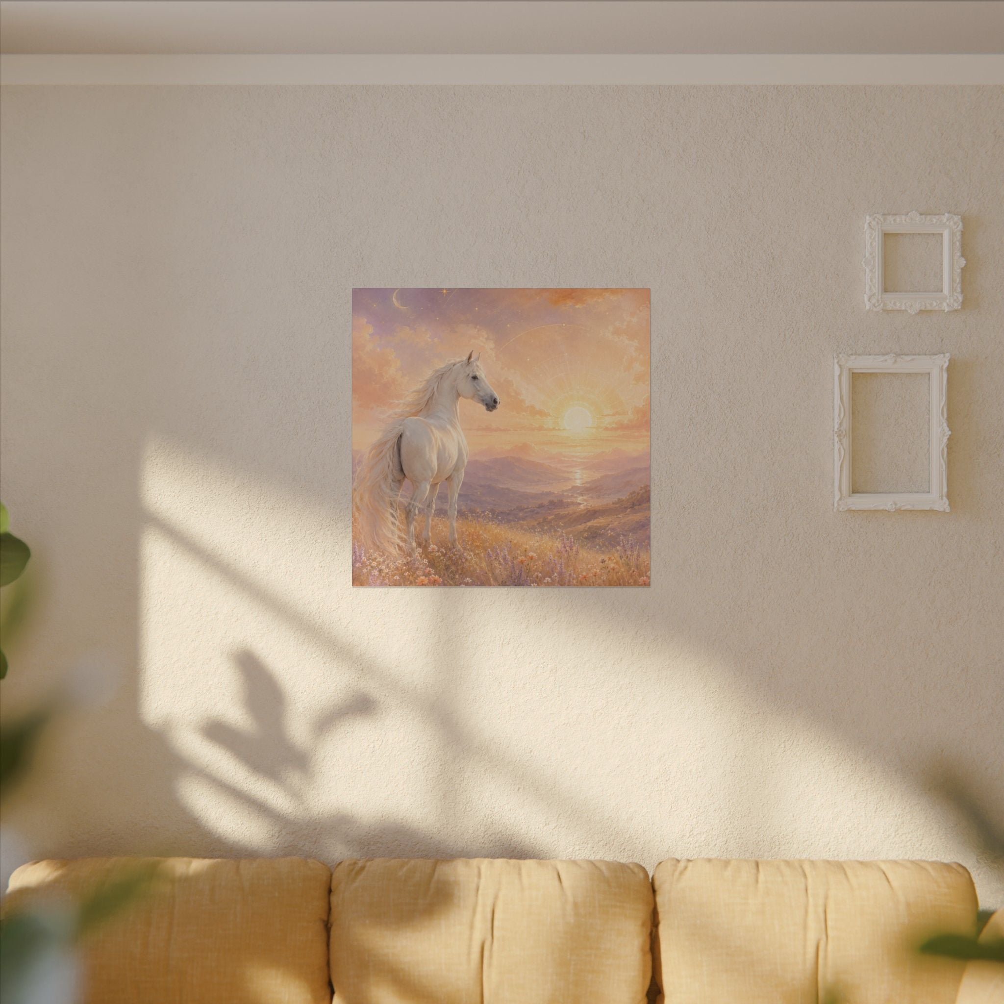 Equine Sunrise Matte Canvas Wall Art — White Horse Fantasy Landscape