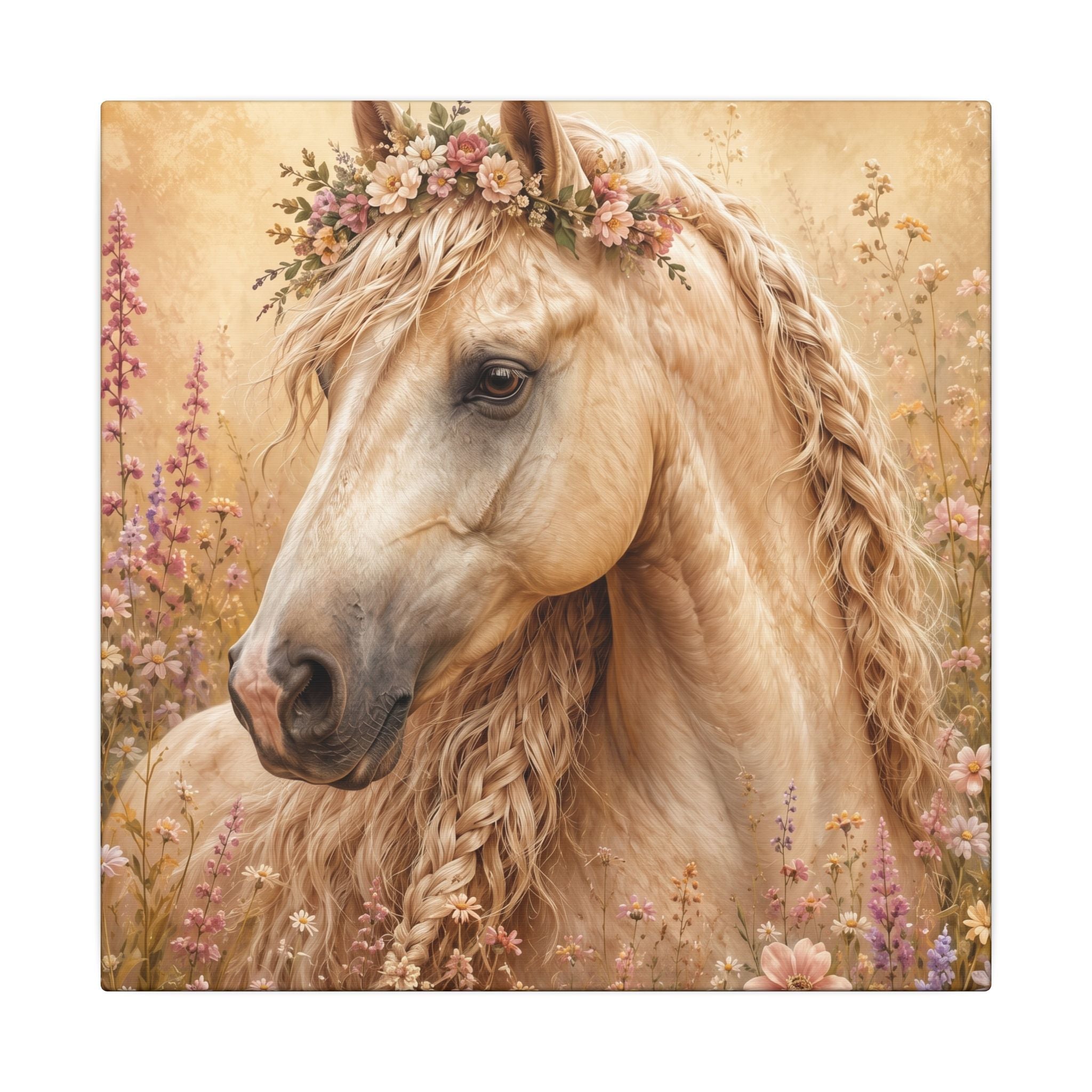 Golden Floral Horse Canvas Print — Matte Stretched Wall Art