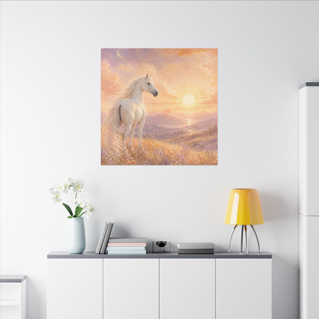 Equine Sunrise Matte Canvas Wall Art — White Horse Fantasy Landscape