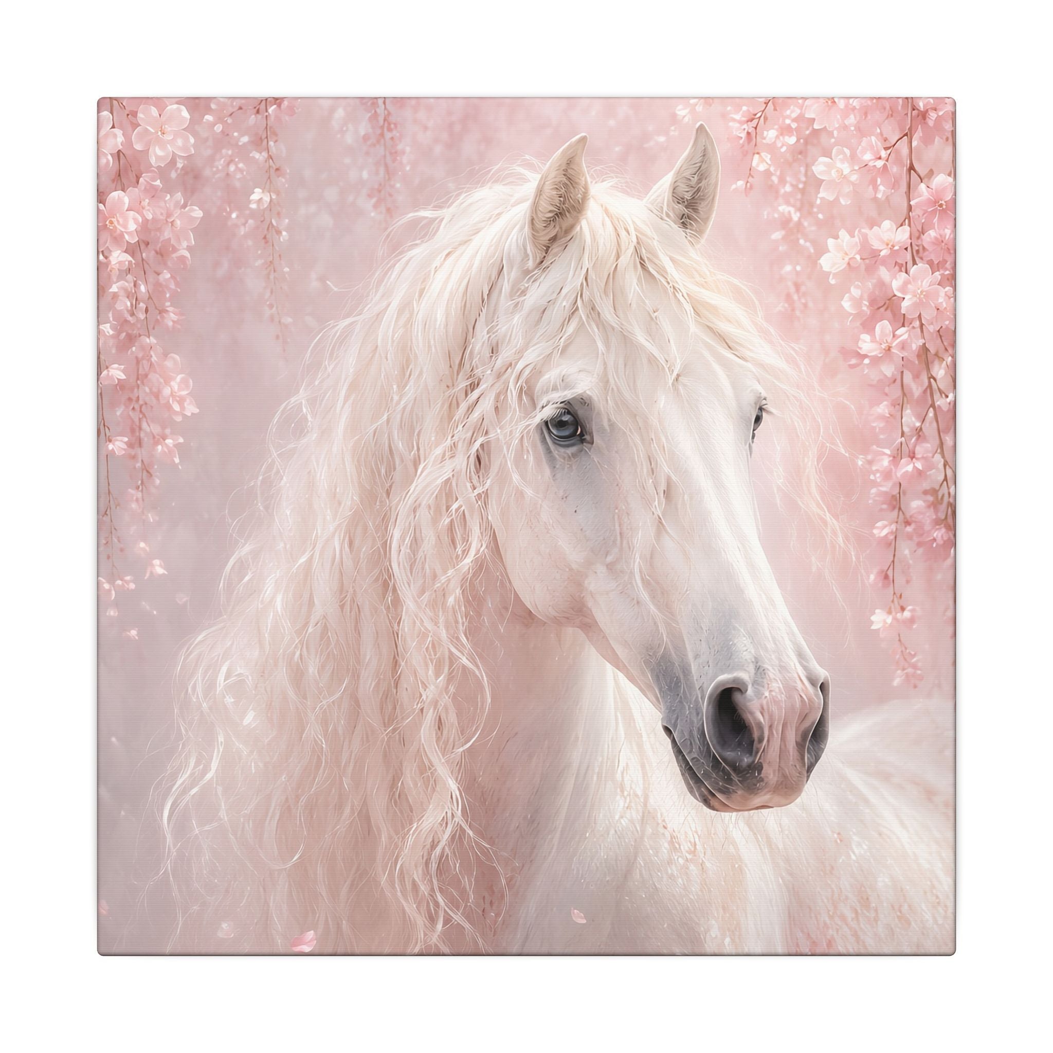 White Horse Canvas Wall Art — Romantic Pink Floral Unicorn-Style Print