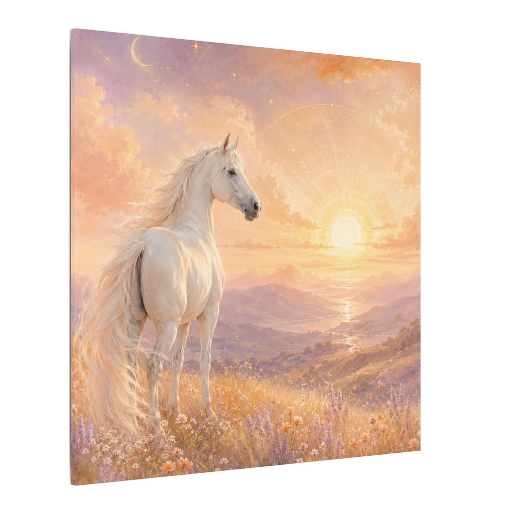 Equine Sunrise Matte Canvas Wall Art — White Horse Fantasy Landscape