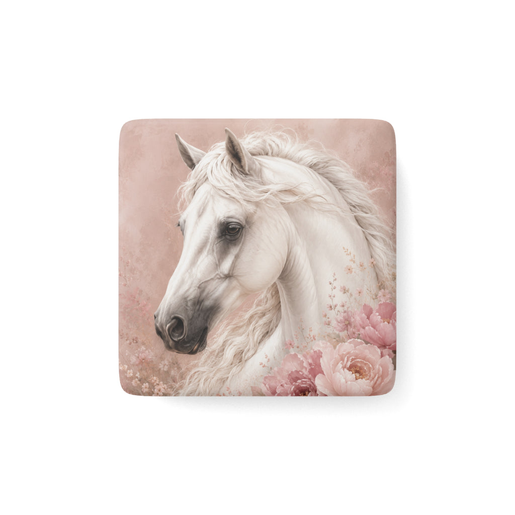 White Horse Floral Porcelain Magnet — Square Decorative Fridge Magnet