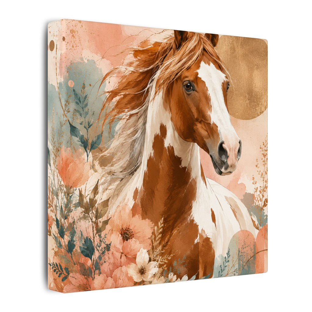 Painted Pinto Horse Canvas Wall Art — Boho Floral Equestrian Decor