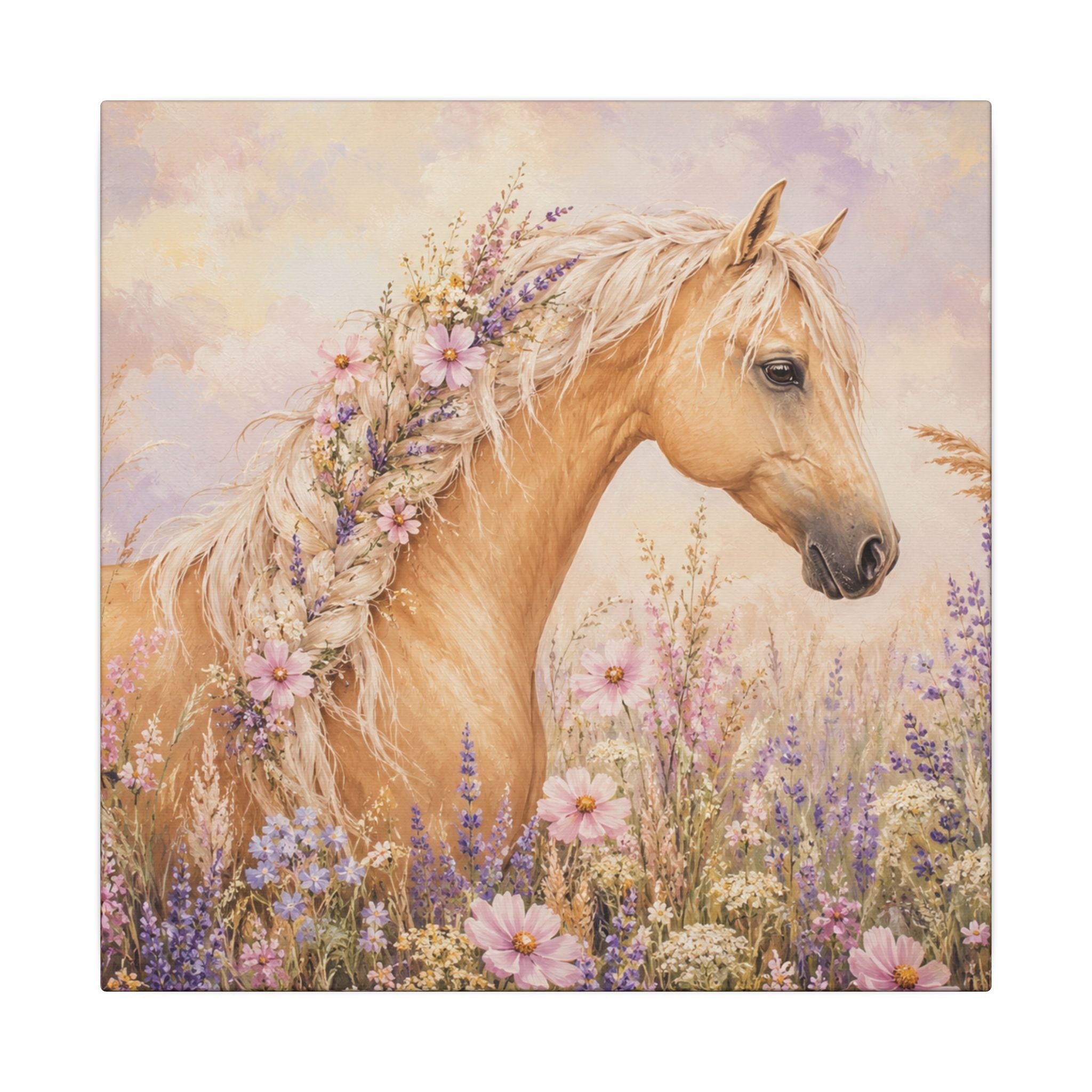 Palomino Horse Canvas Wall Art — Floral Meadow Matte Stretched Canvas