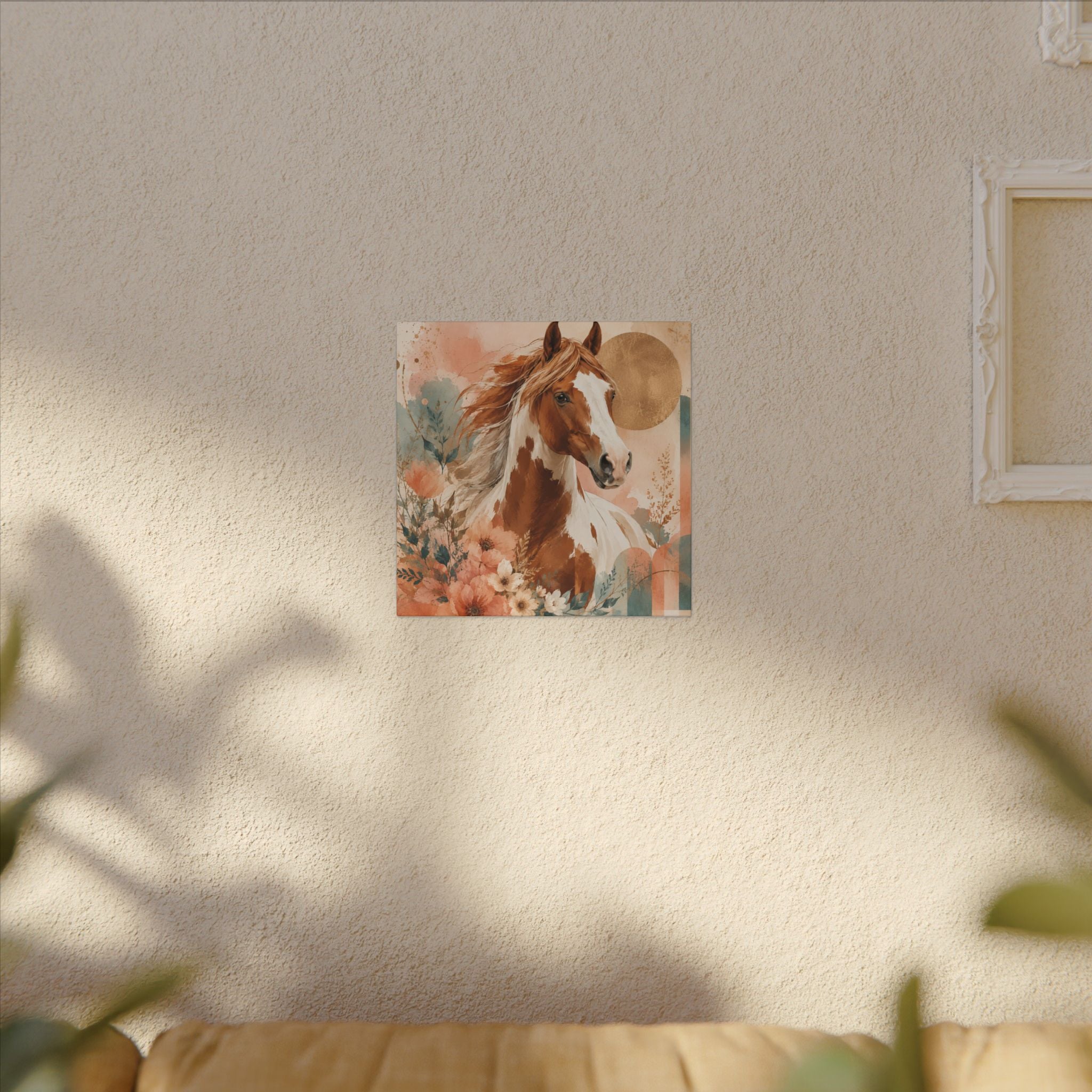 Painted Pinto Horse Canvas Wall Art — Boho Floral Equestrian Decor