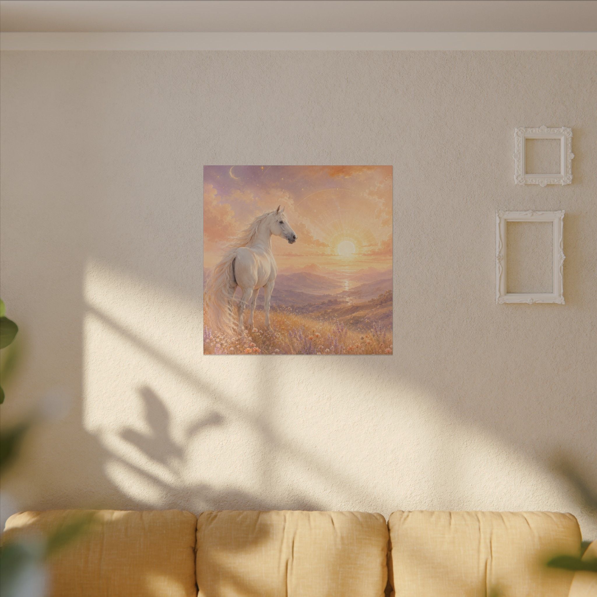 Equine Sunrise Matte Canvas Wall Art — White Horse Fantasy Landscape
