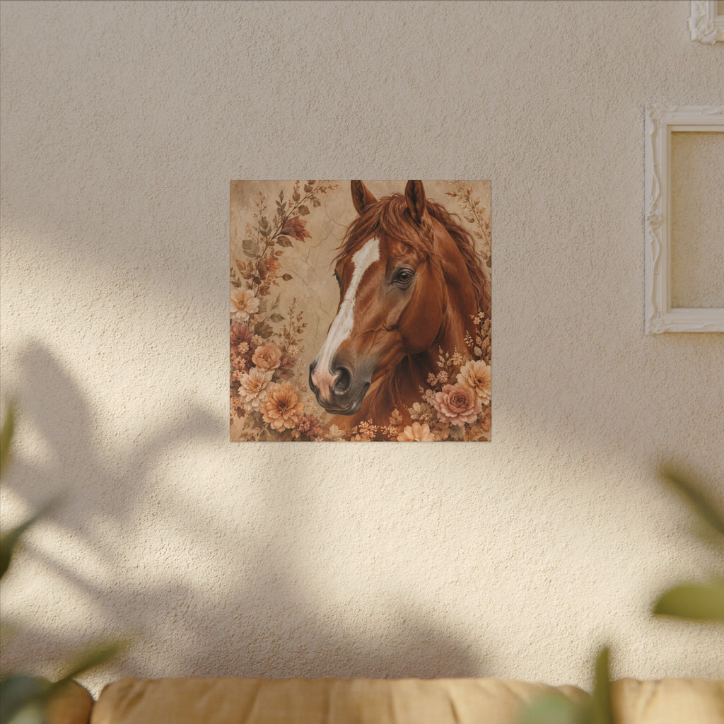 Chestnut Horse Portrait Canvas Wall Art — Floral Rustic Equestrian Decor