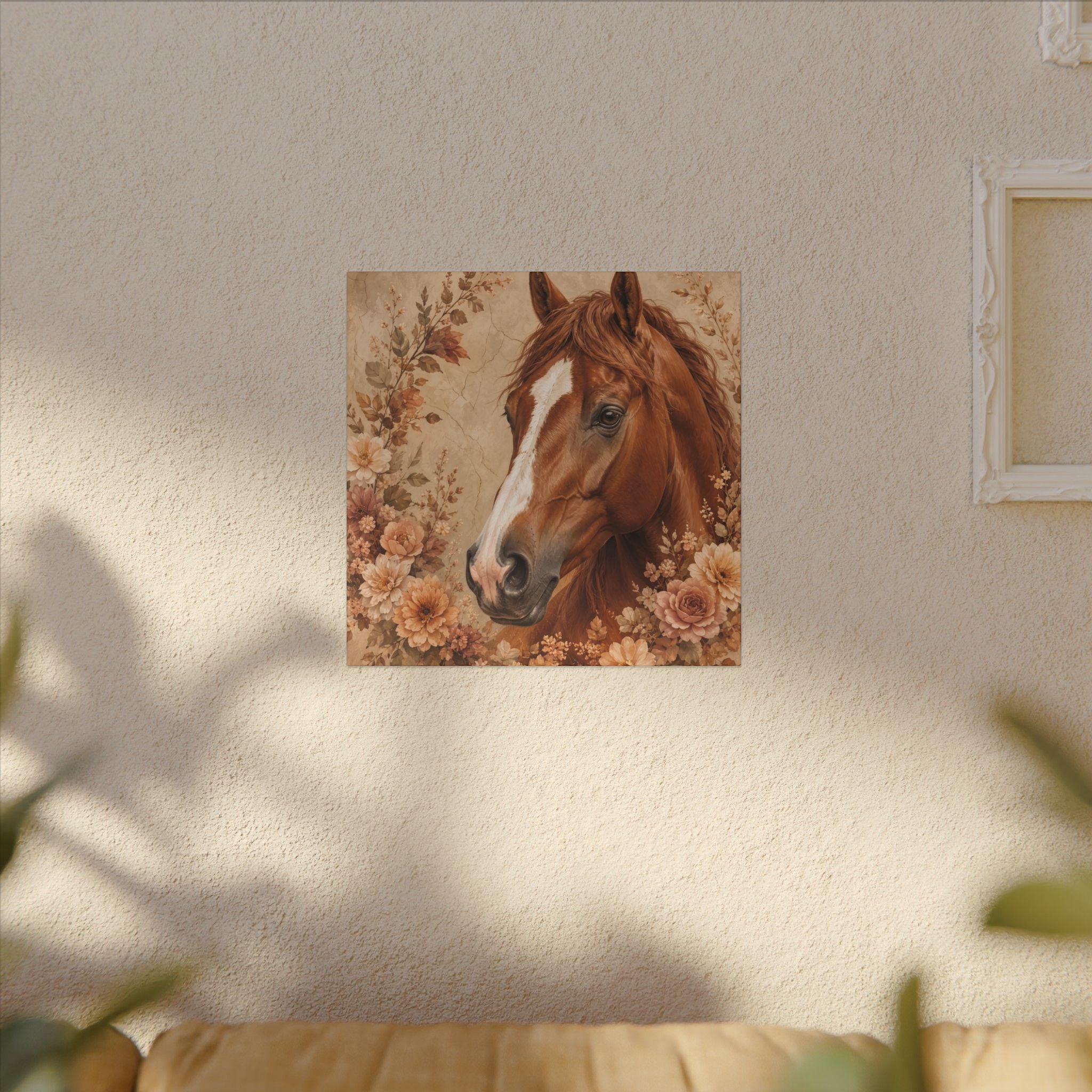 Chestnut Horse Portrait Canvas Wall Art — Floral Rustic Equestrian Decor
