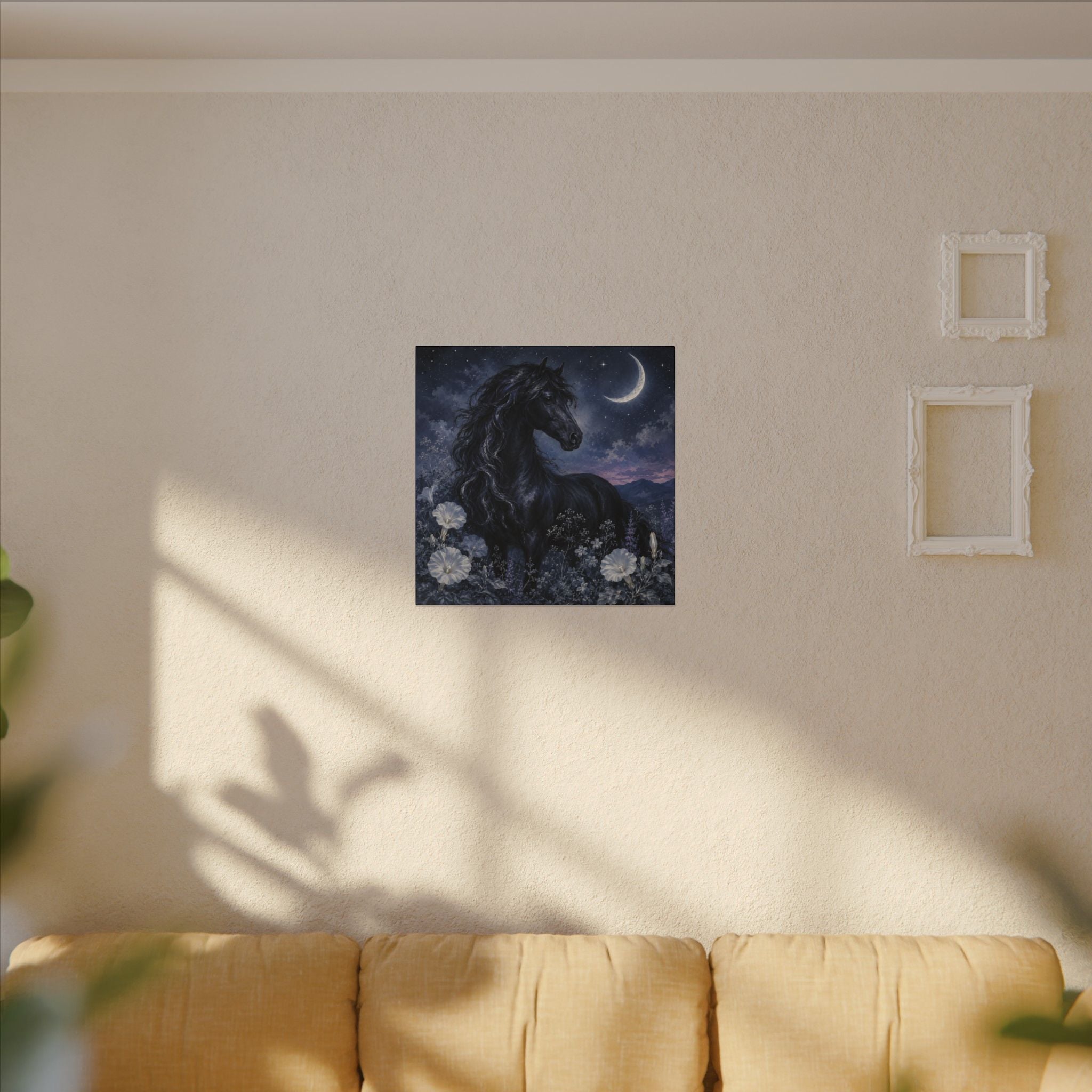 Midnight Stallion Canvas — Black Horse Moonlit Wall Art