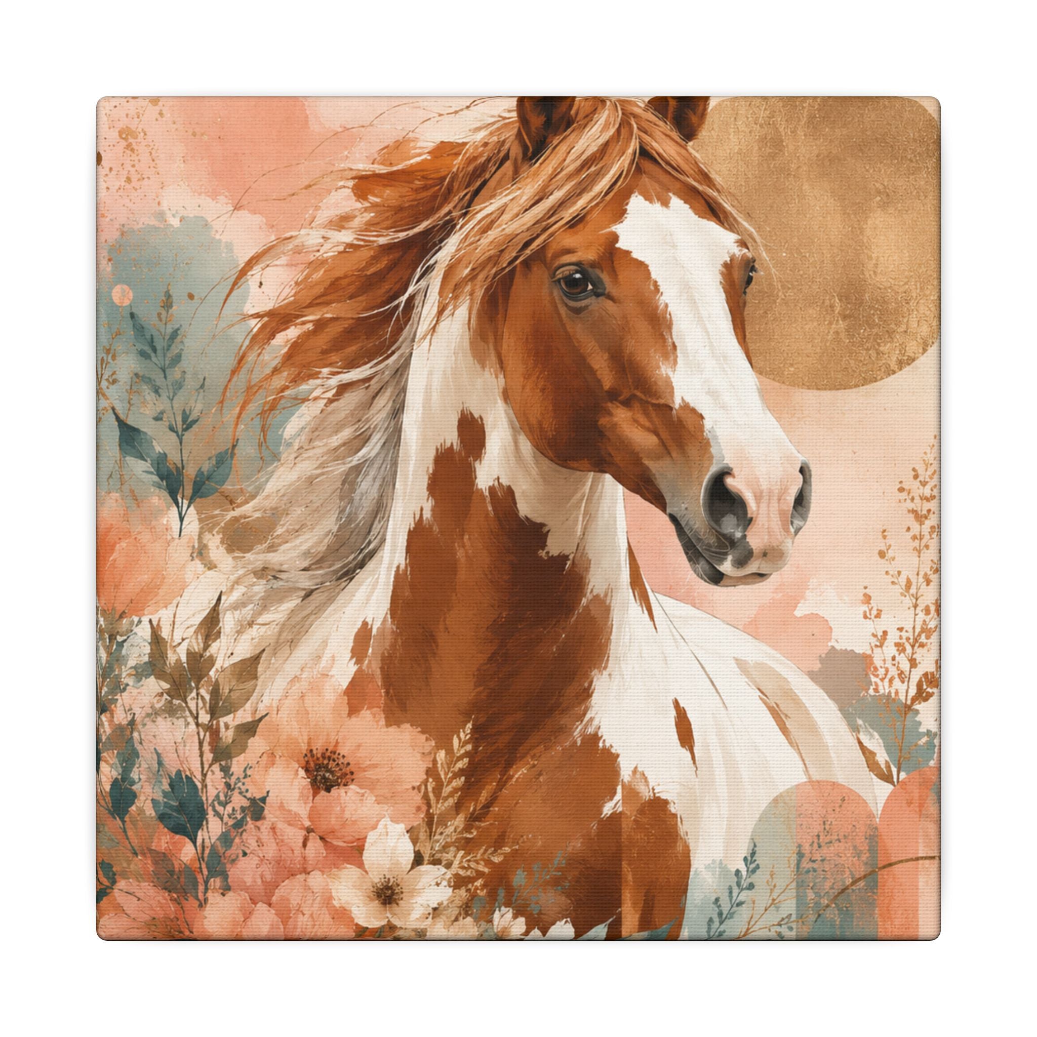 Painted Pinto Horse Canvas Wall Art — Boho Floral Equestrian Decor