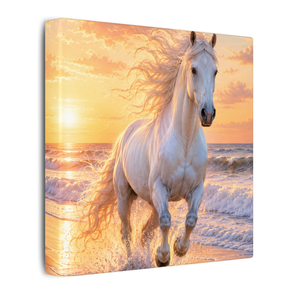 White Horse on Beach Canvas Print — Sunset Seaside Wall Art