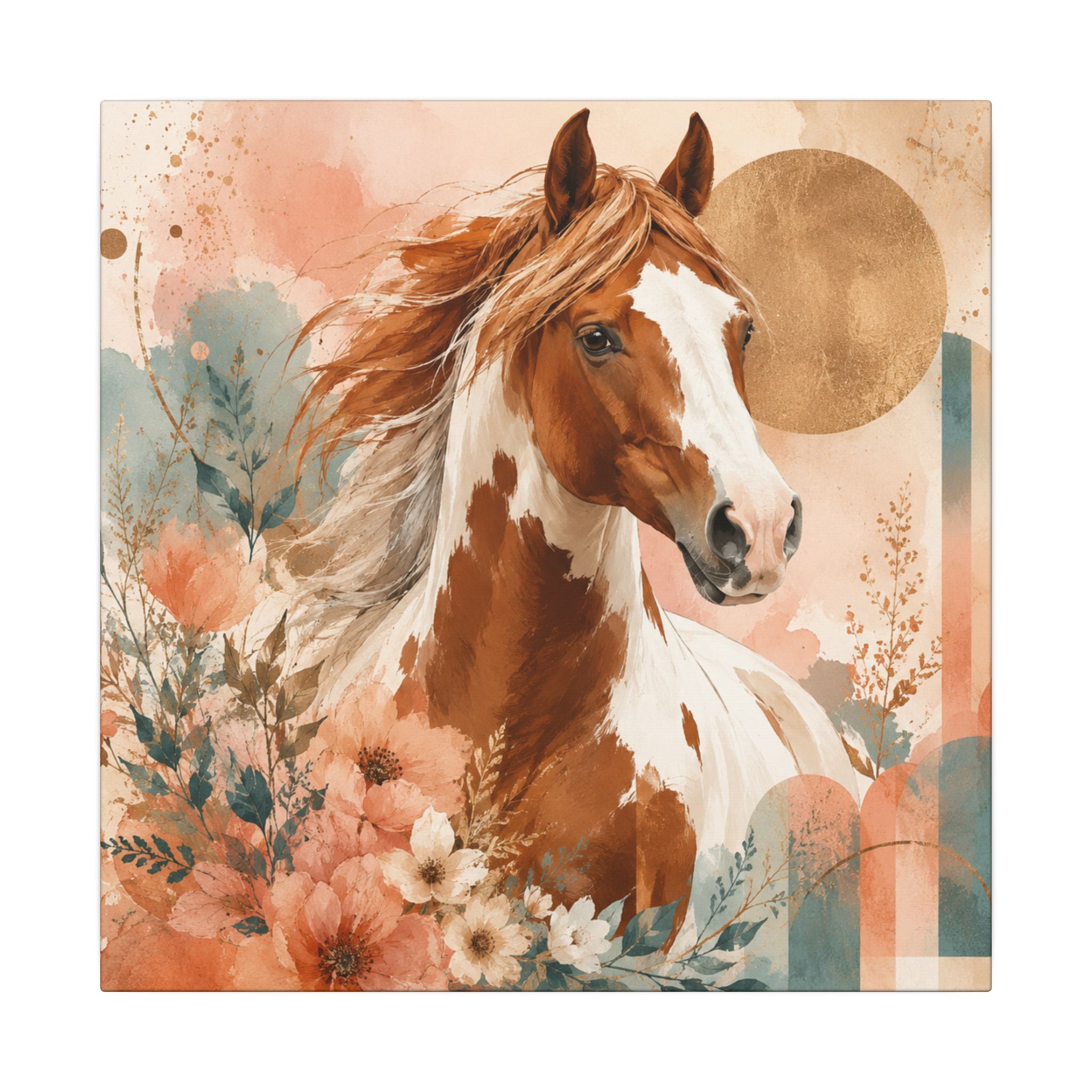 Painted Pinto Horse Canvas Wall Art — Boho Floral Equestrian Decor