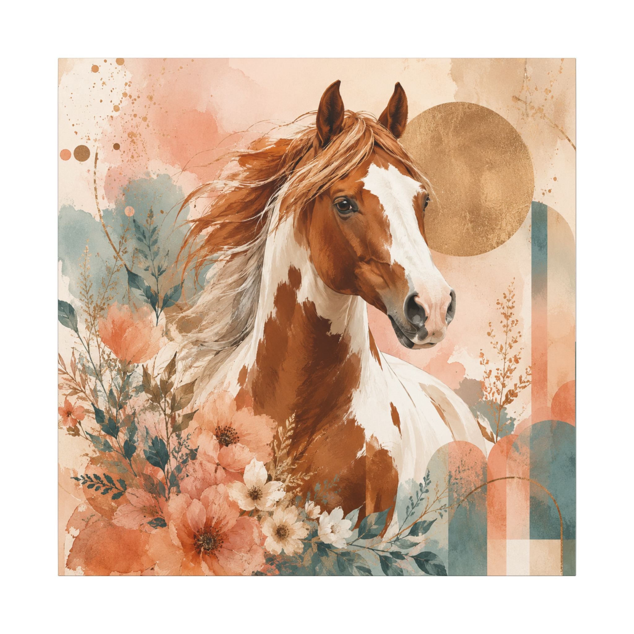 Painted Pinto Horse Canvas Wall Art — Boho Floral Equestrian Decor