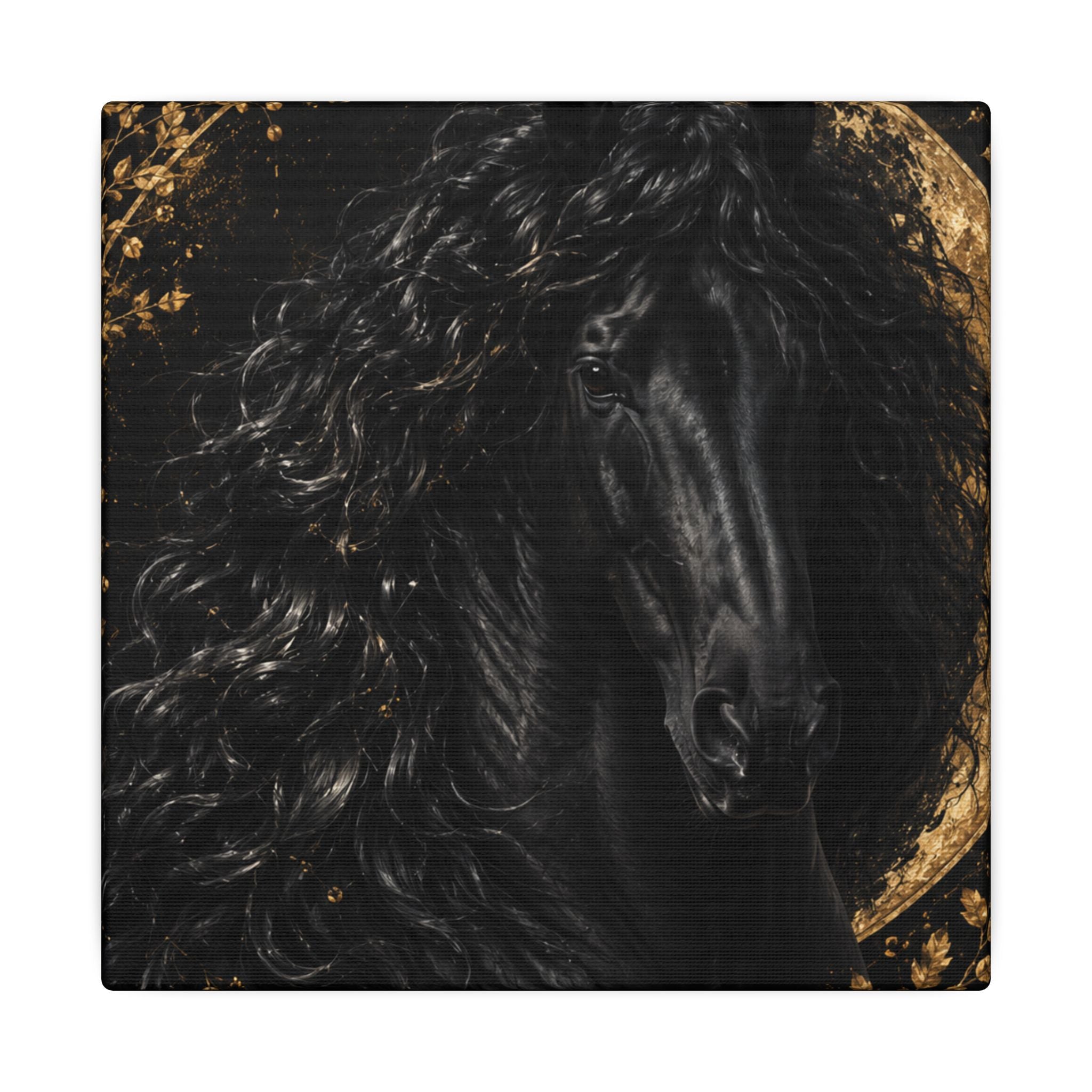 Black Stallion Canvas Print — Elegant Horse Wall Art with Gold Moon