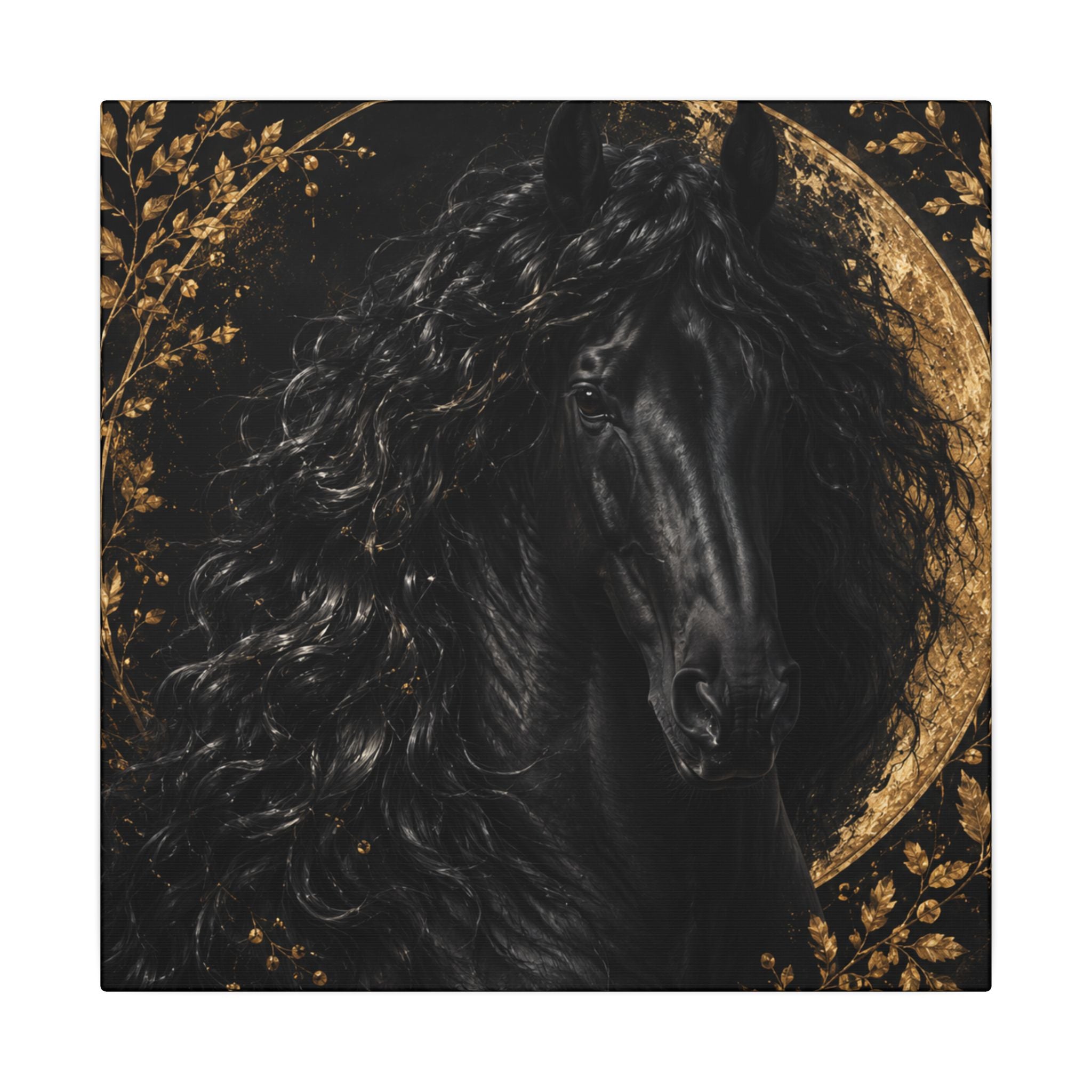 Black Stallion Canvas Print — Elegant Horse Wall Art with Gold Moon