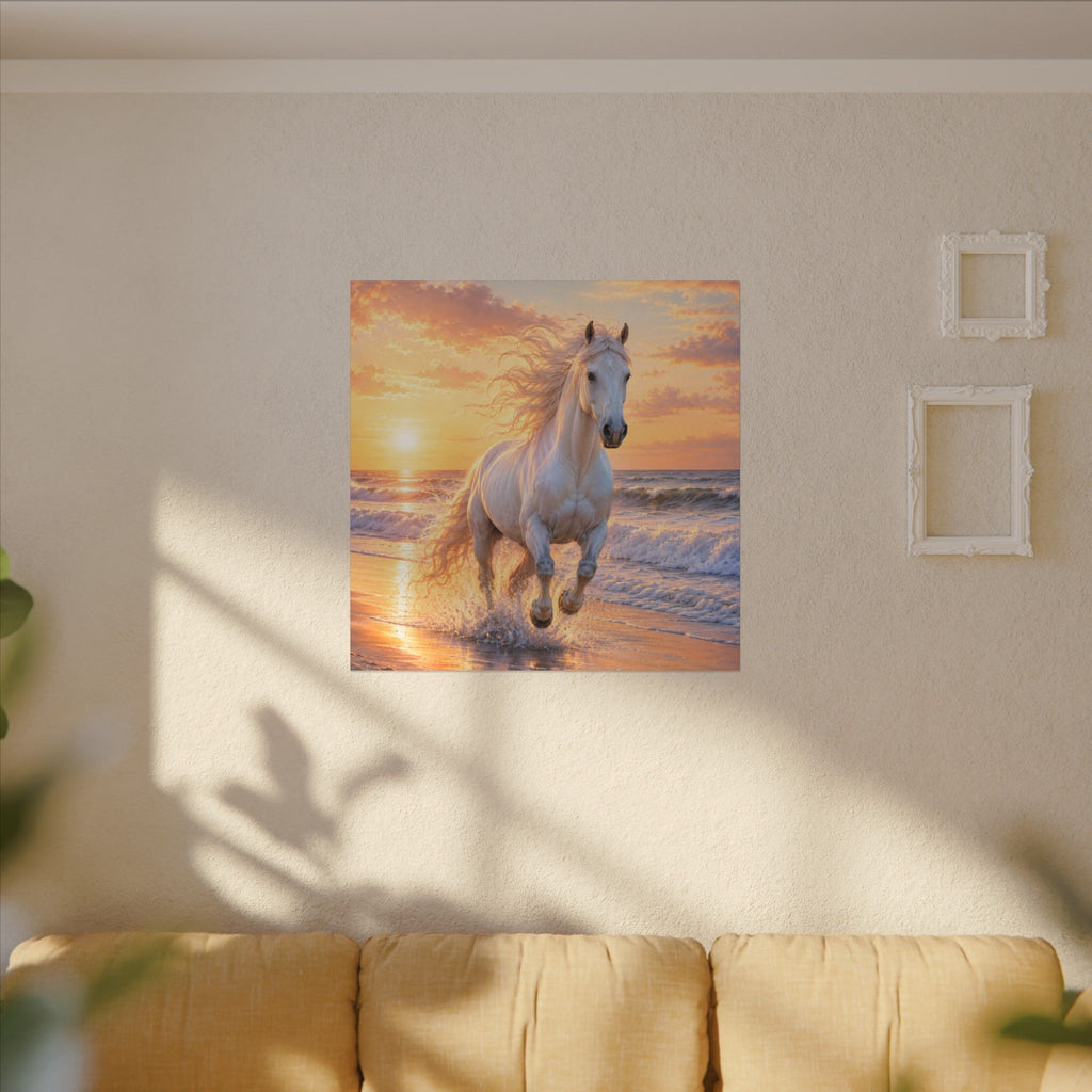 White Horse on Beach Canvas Print — Sunset Seaside Wall Art