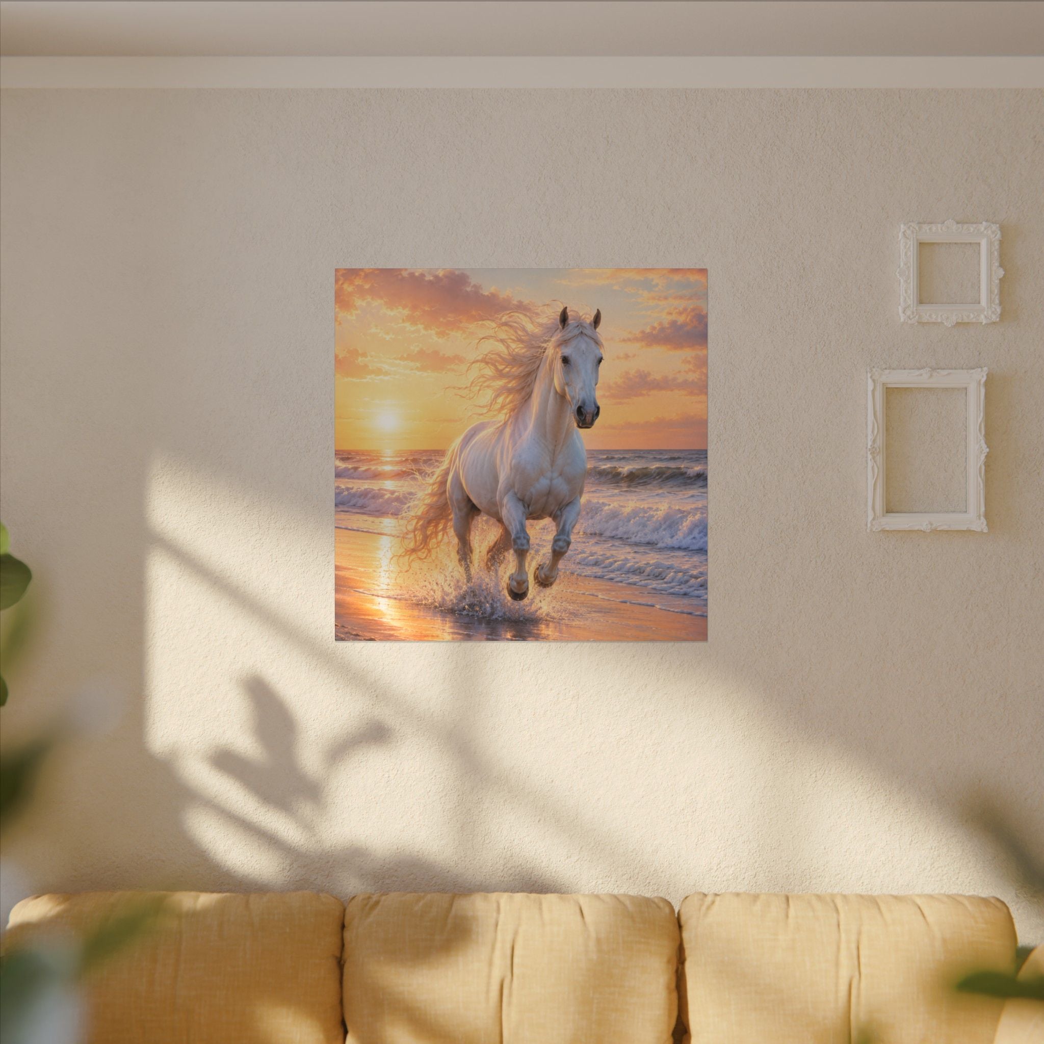 White Horse on Beach Canvas Print — Sunset Seaside Wall Art