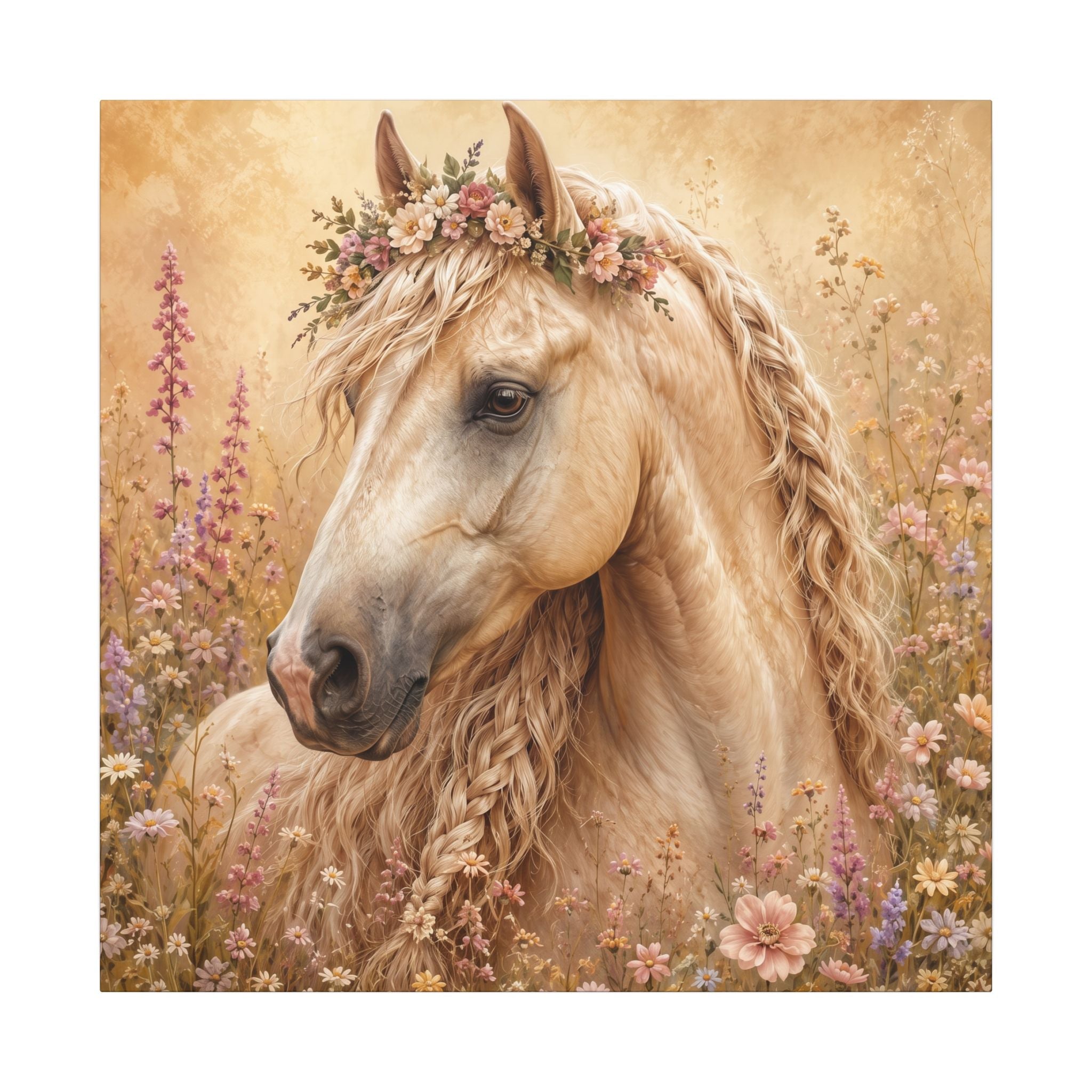 Golden Floral Horse Canvas Print — Matte Stretched Wall Art