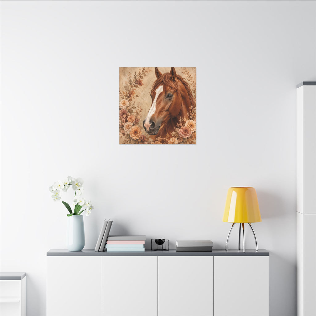 Chestnut Horse Portrait Canvas Wall Art — Floral Rustic Equestrian Decor