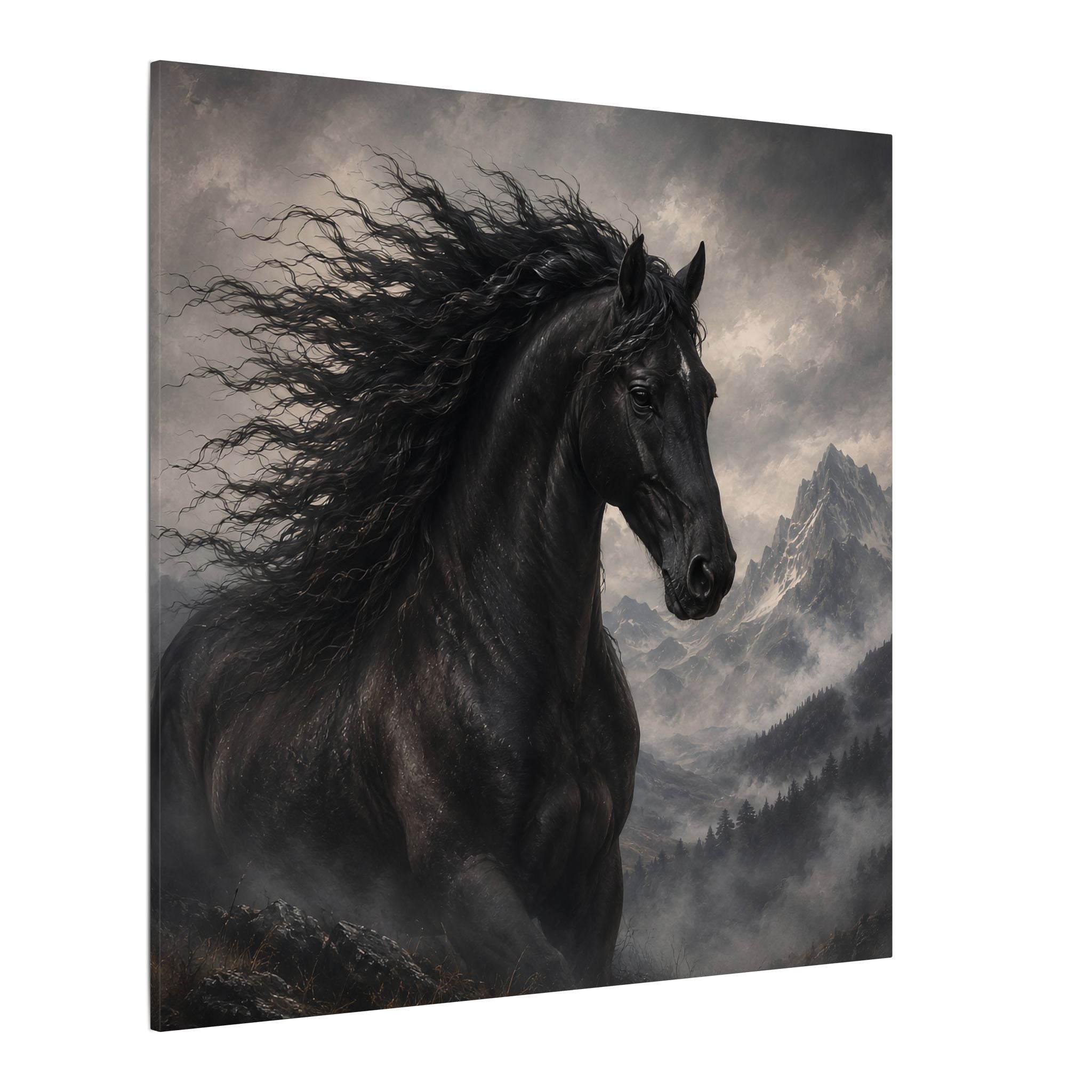Majestic Black Horse Matte Canvas Wall Art — Dramatic Mountain Stallion Print