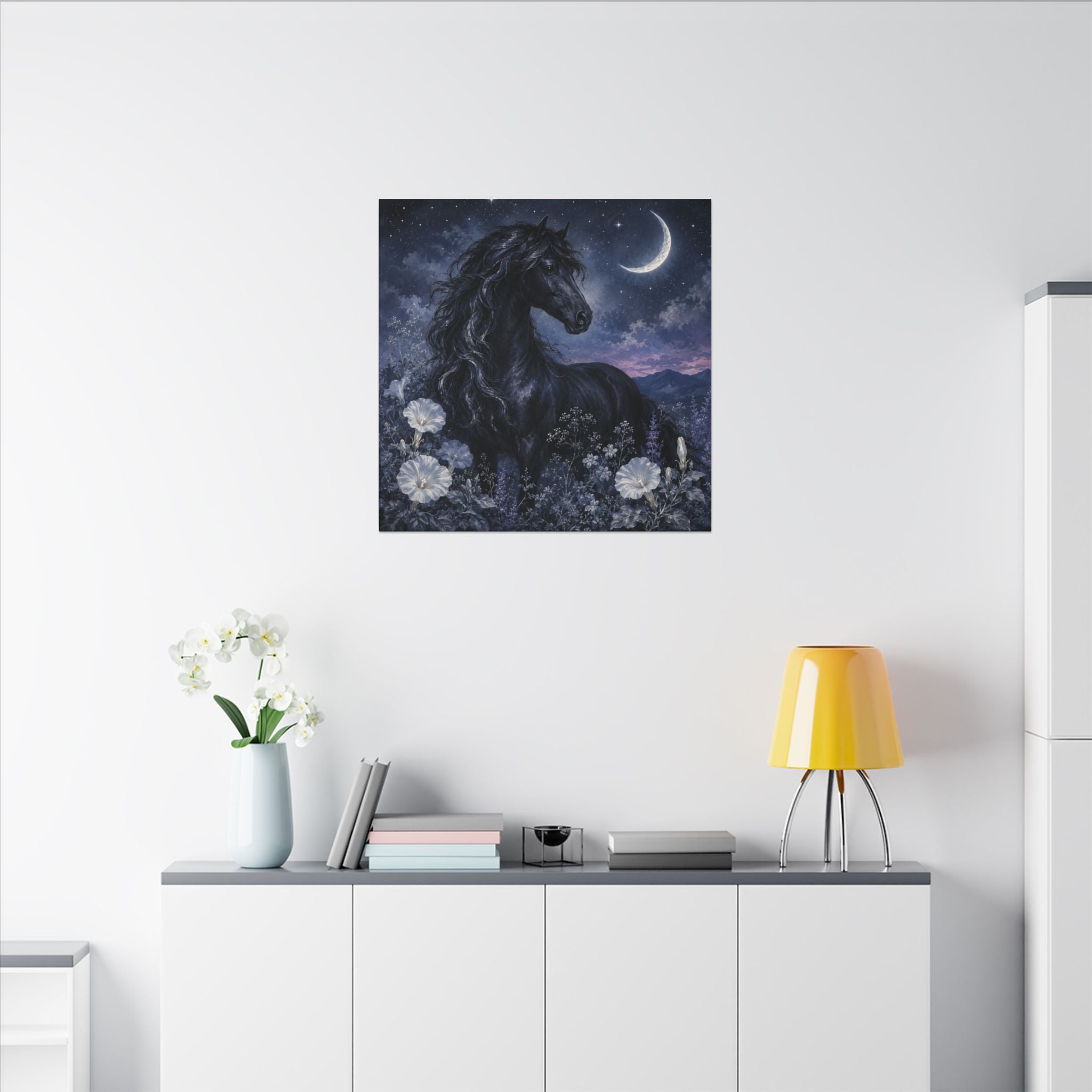 Midnight Stallion Canvas — Black Horse Moonlit Wall Art