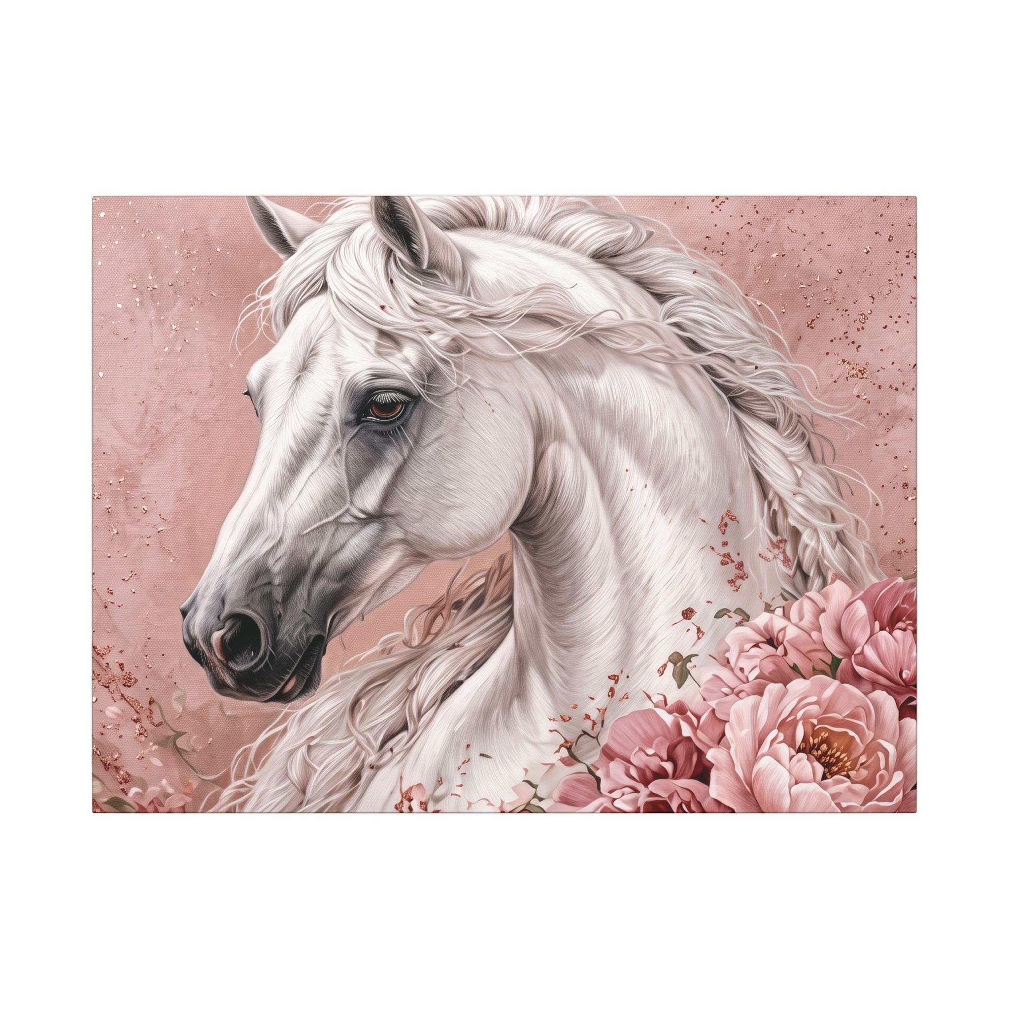 White Horse Floral Canvas Wall Art — Matte Stretched Horse Portrait