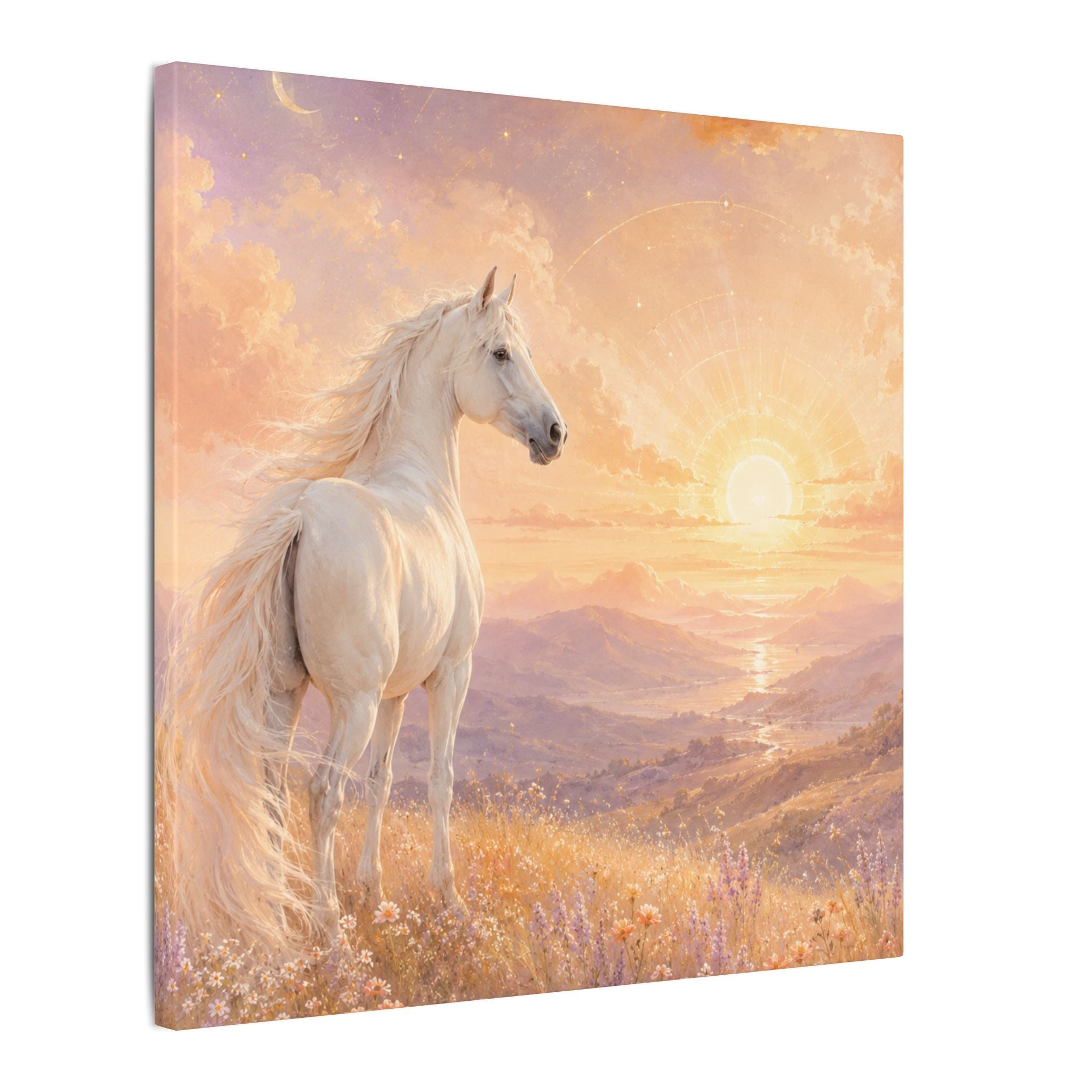 Equine Sunrise Matte Canvas Wall Art — White Horse Fantasy Landscape