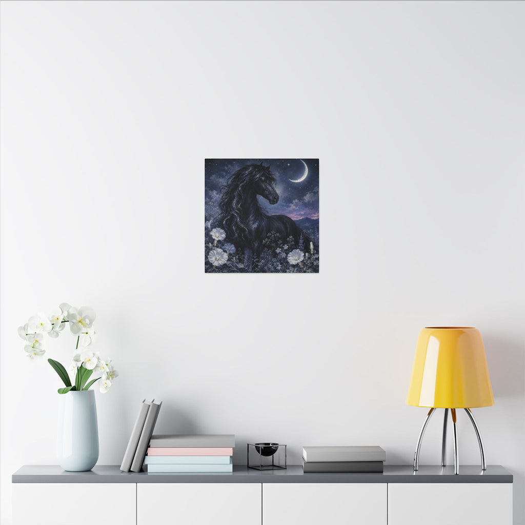 Midnight Stallion Canvas — Black Horse Moonlit Wall Art