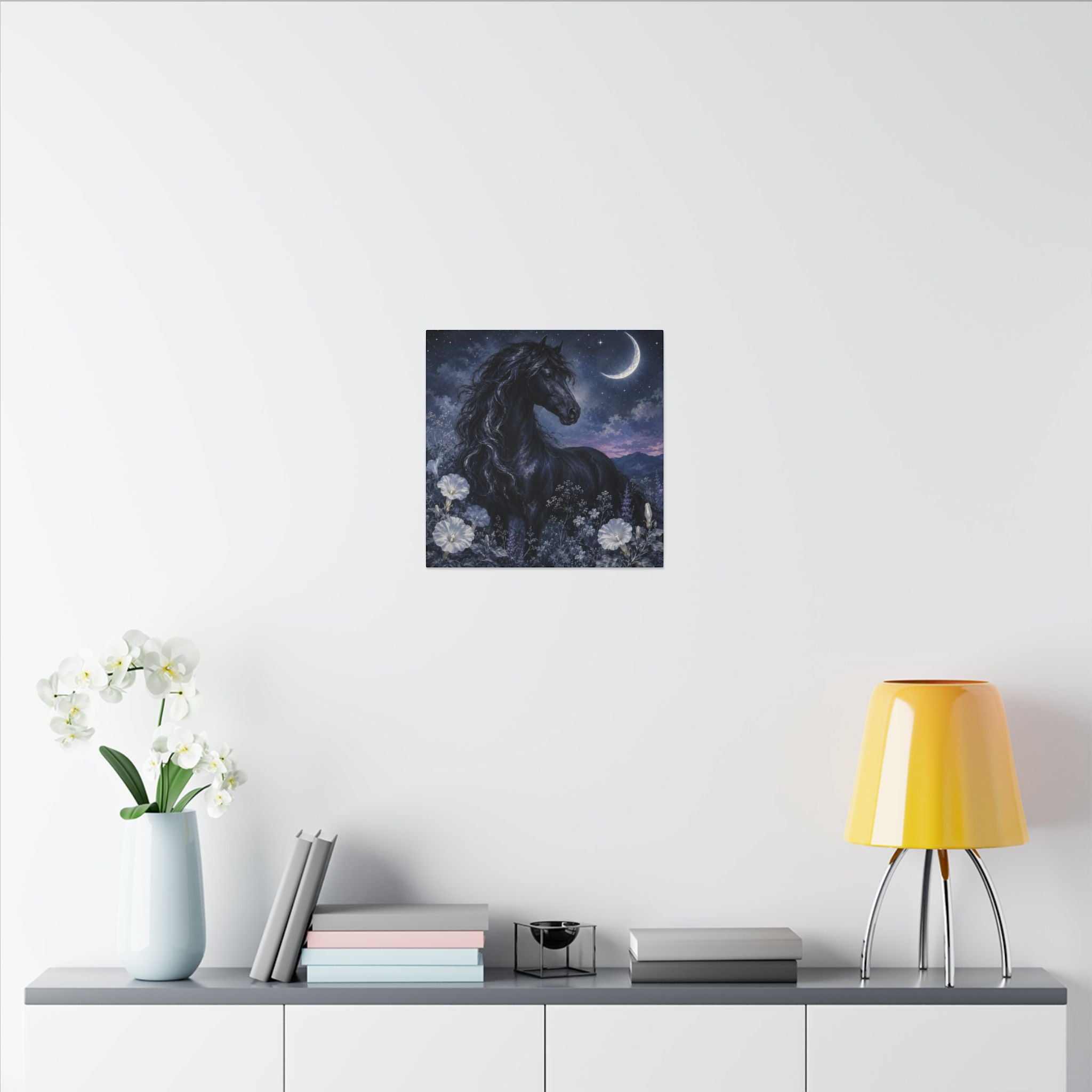 Midnight Stallion Canvas — Black Horse Moonlit Wall Art