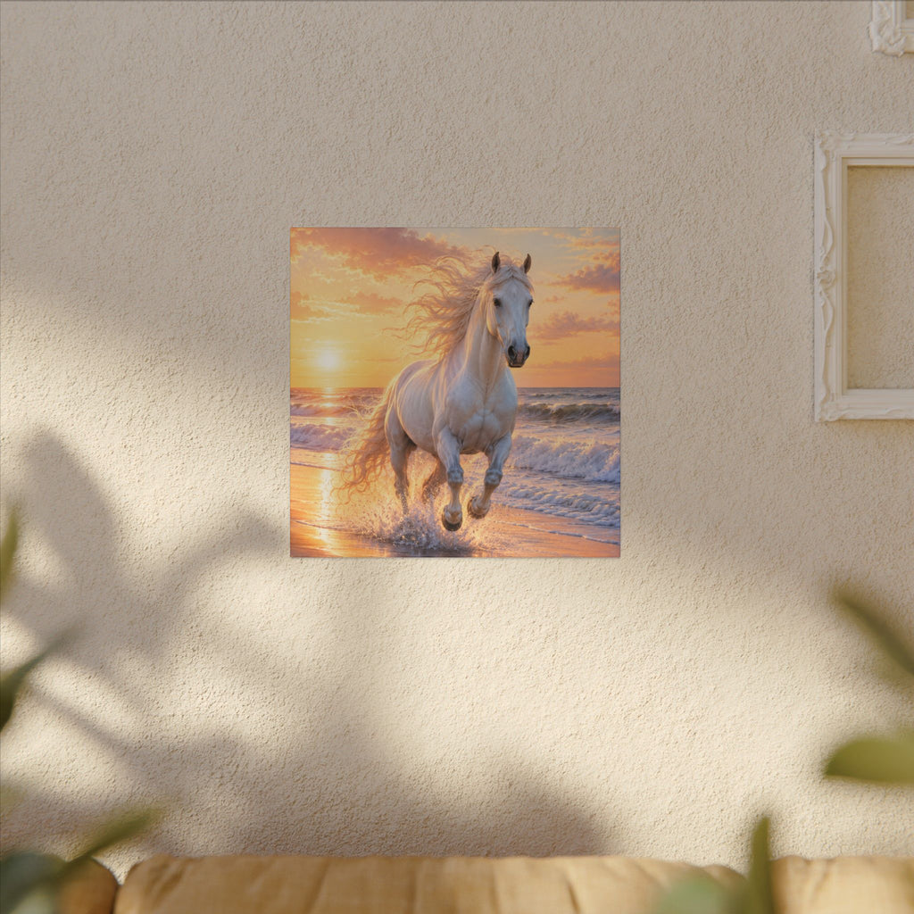 White Horse on Beach Canvas Print — Sunset Seaside Wall Art