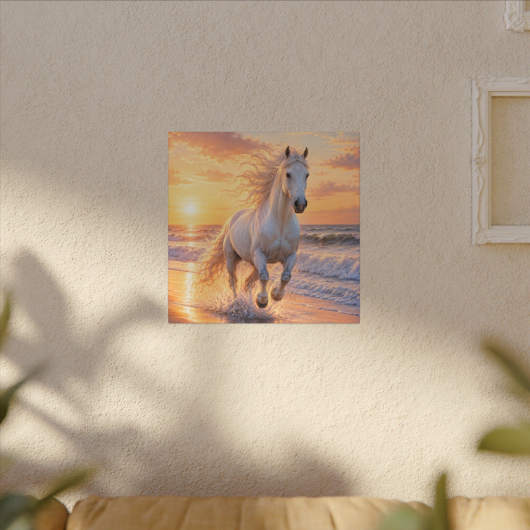 White Horse on Beach Canvas Print — Sunset Seaside Wall Art