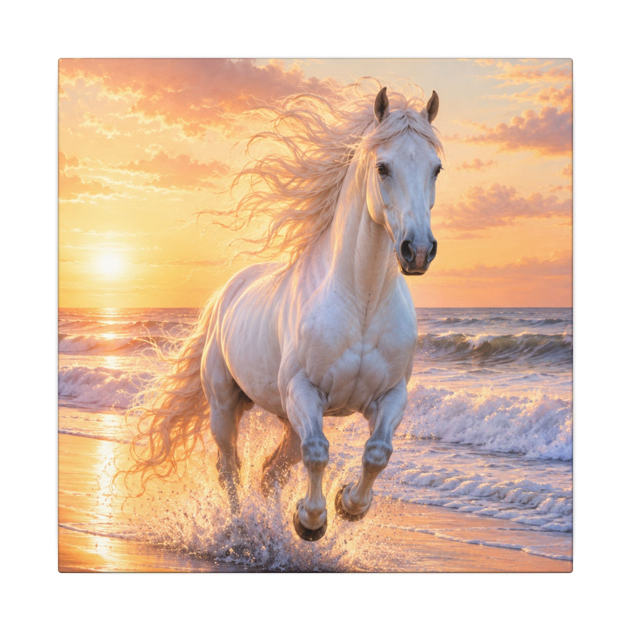 White Horse on Beach Canvas Print — Sunset Seaside Wall Art
