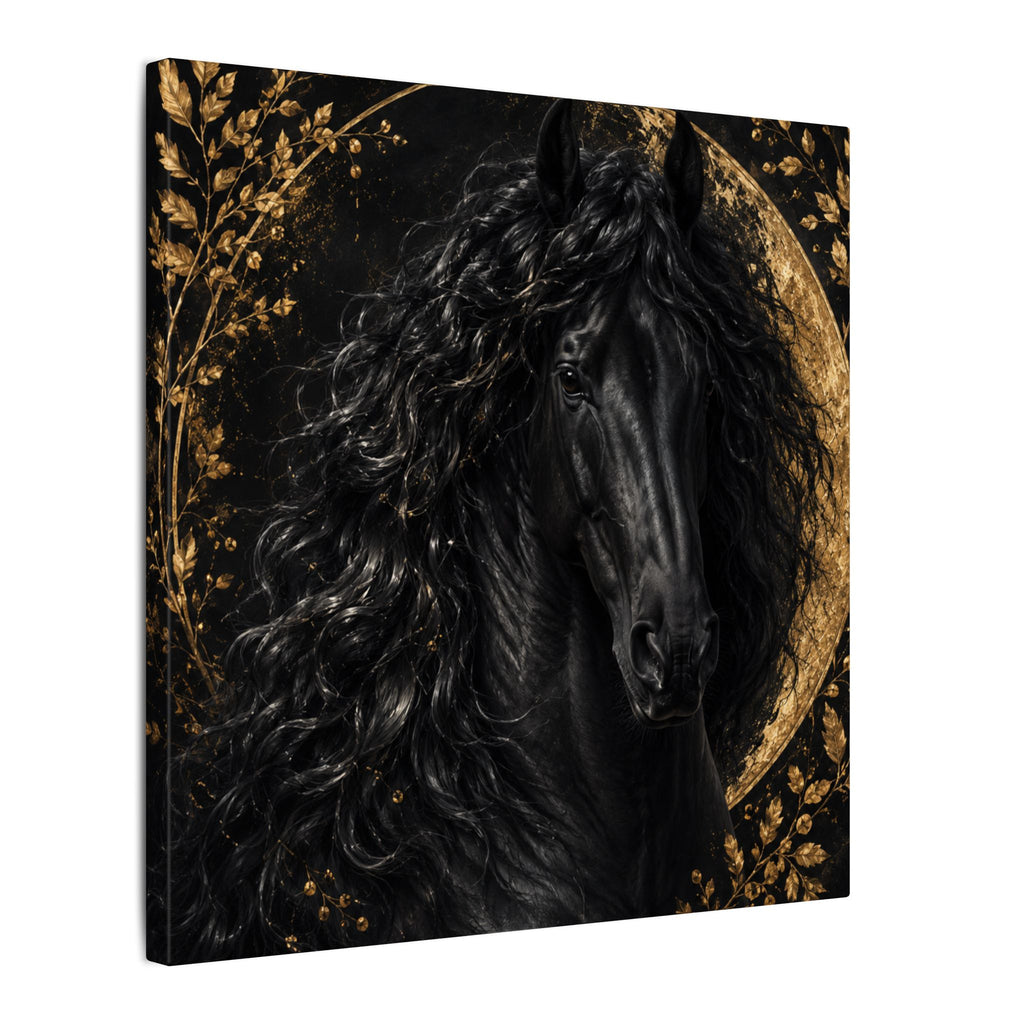Black Stallion Canvas Print — Elegant Horse Wall Art with Gold Moon