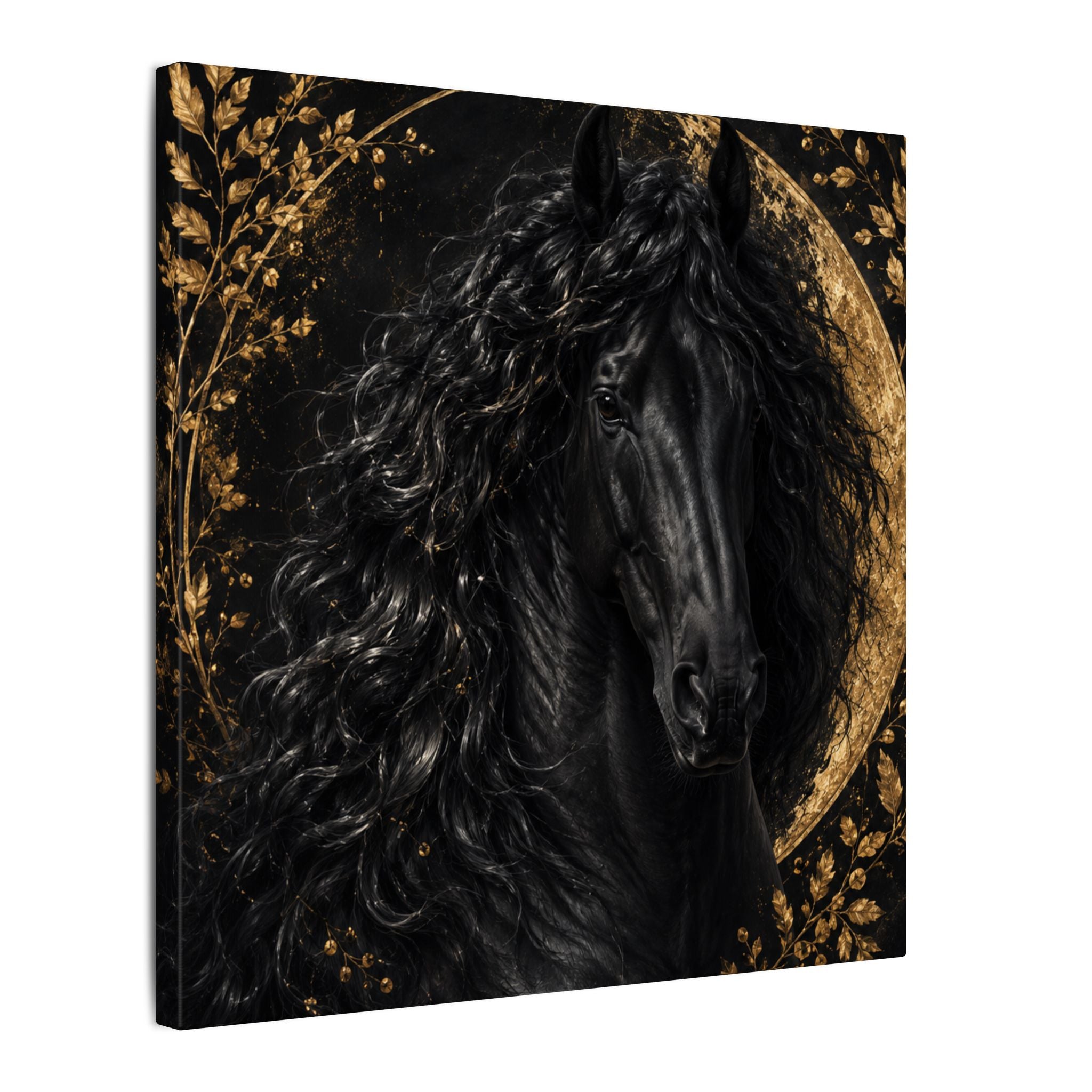 Black Stallion Canvas Print — Elegant Horse Wall Art with Gold Moon