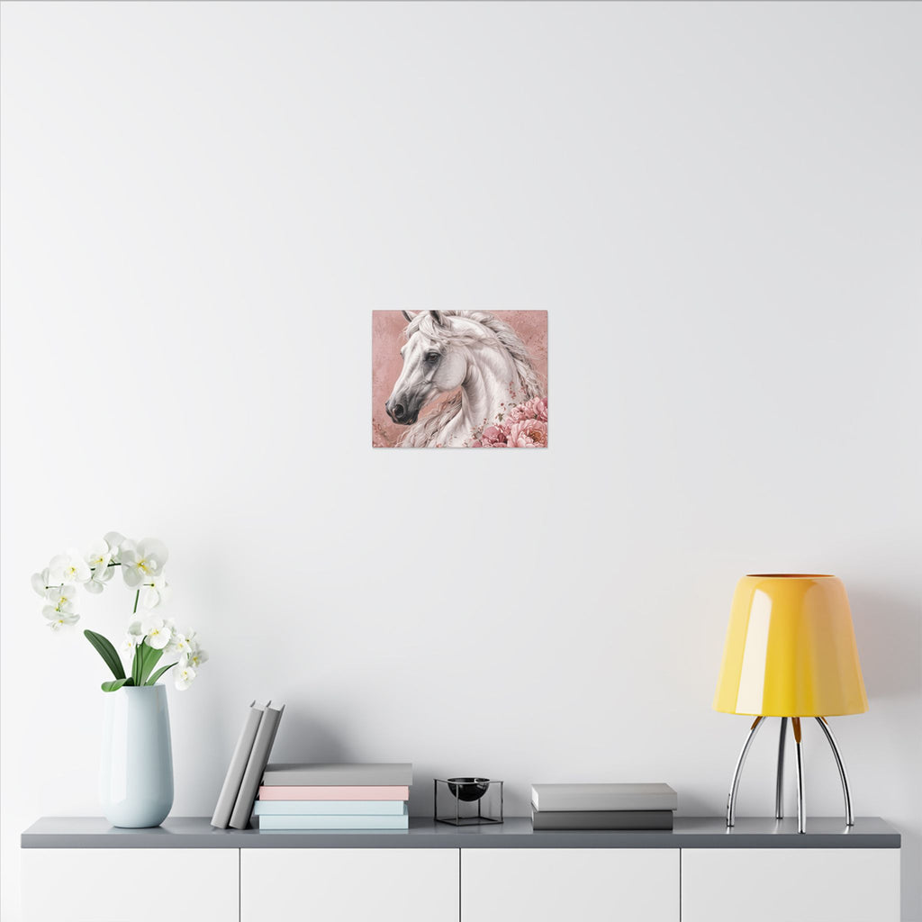 White Horse Floral Canvas Wall Art — Matte Stretched Horse Portrait