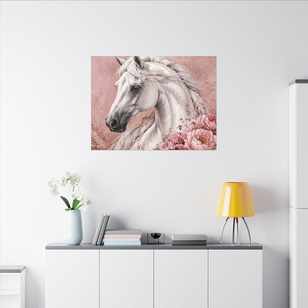 White Horse Floral Canvas Wall Art — Matte Stretched Horse Portrait